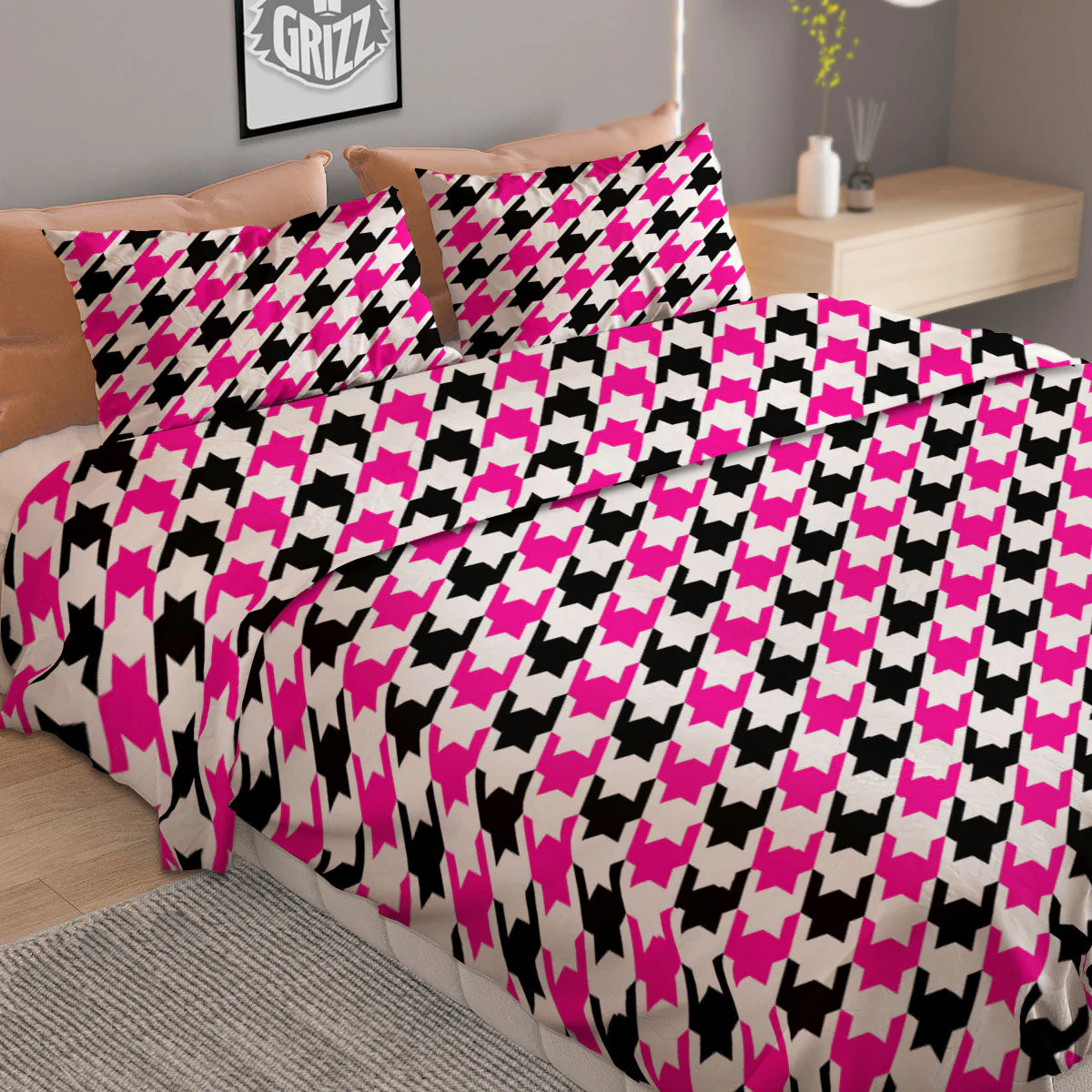 White Pink And Black Houndstooth Print Duvet Cover Bedding Set - Image 2