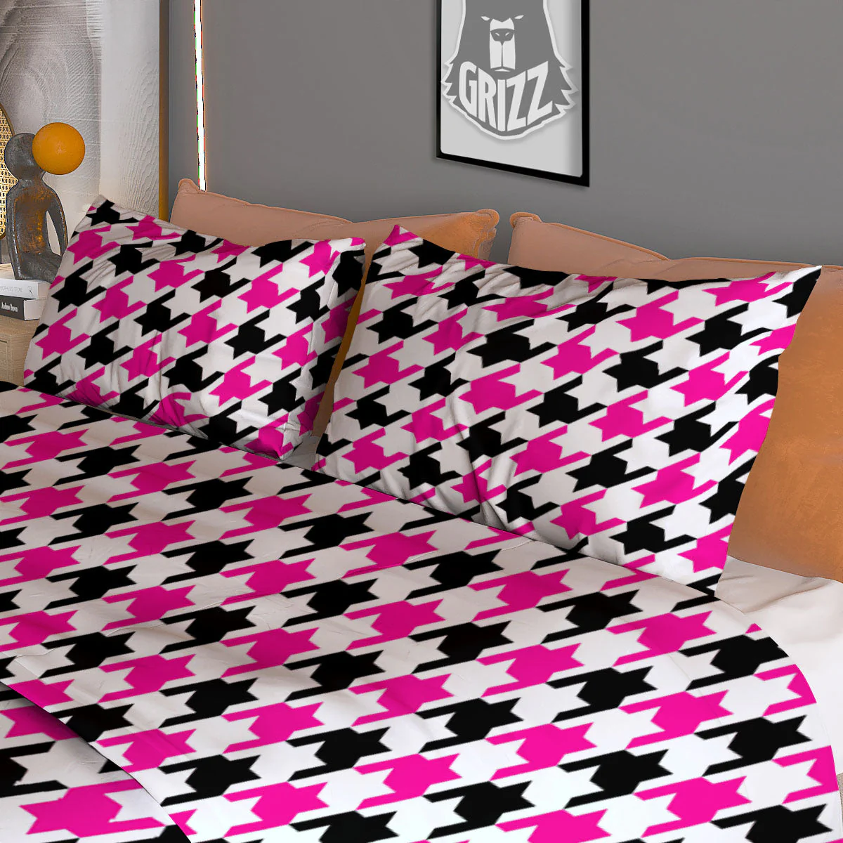 White Pink And Black Houndstooth Print Duvet Cover Bedding Set - Image 3