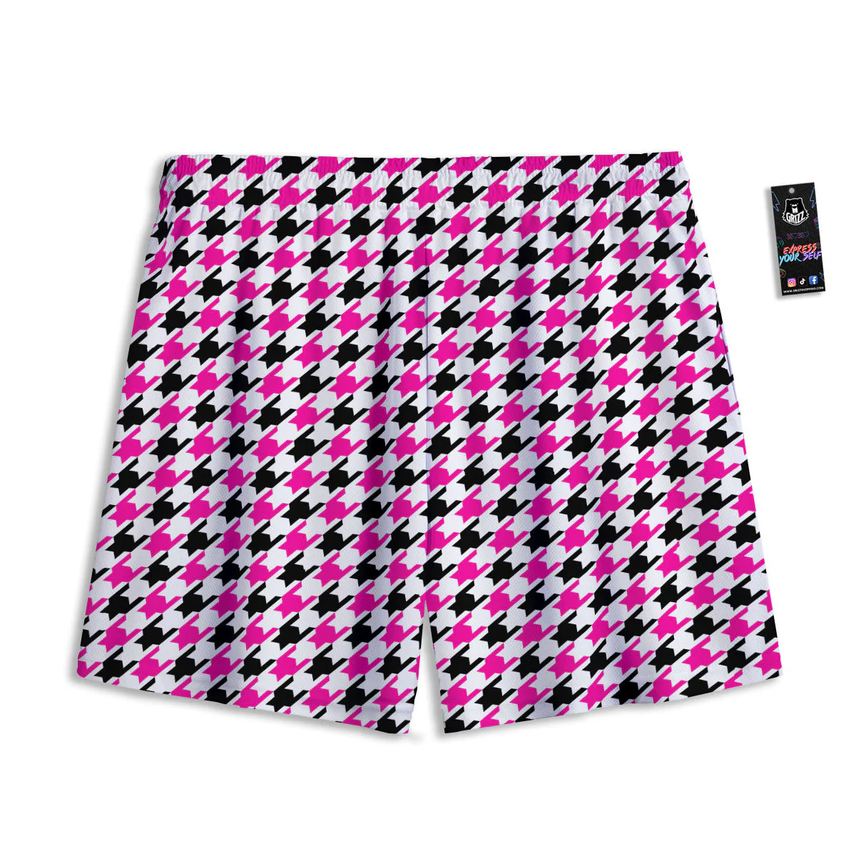White Pink And Black Houndstooth Print Mesh Shorts - Image 2