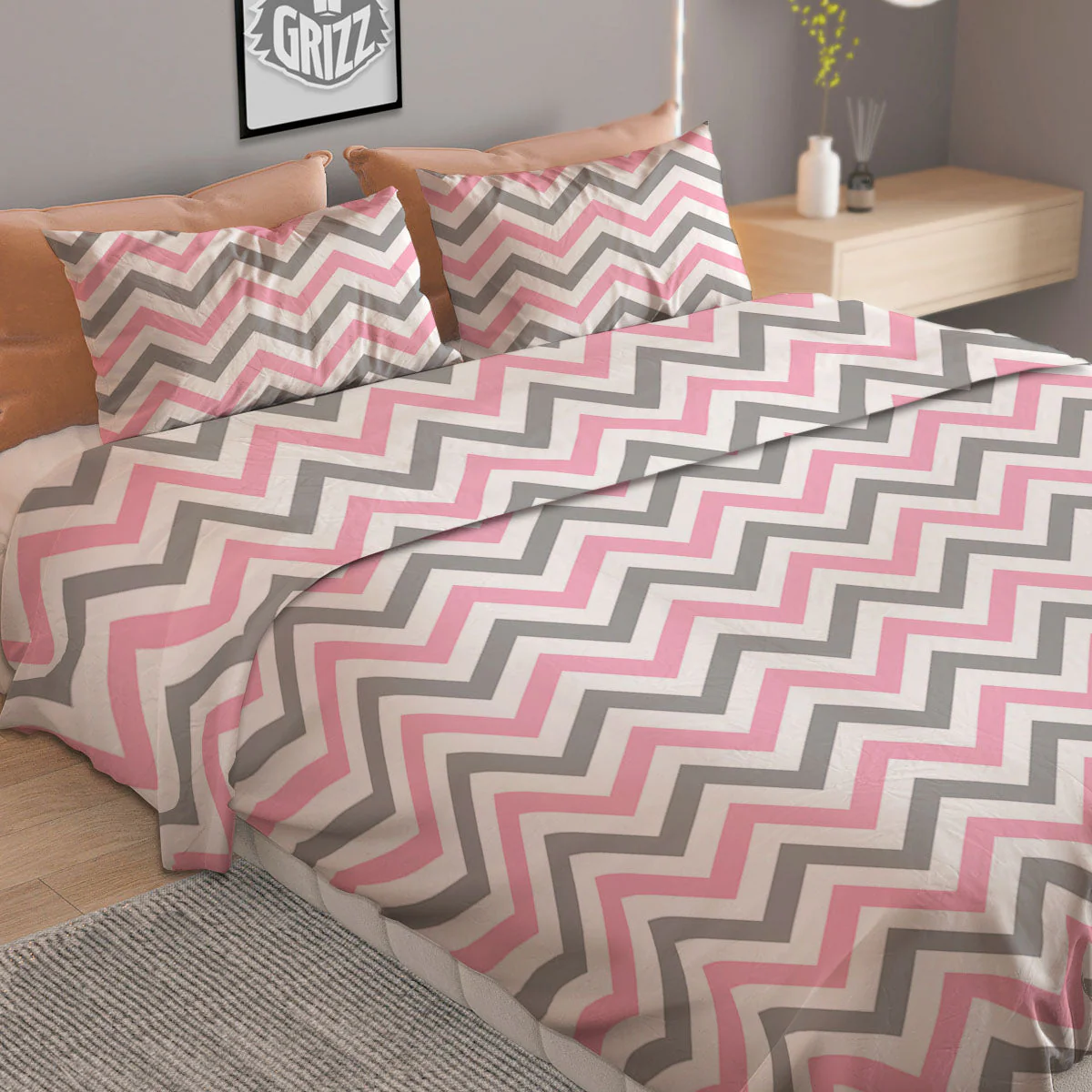 White Pink And Grey Chevron Print Duvet Cover Bedding Set - Image 2
