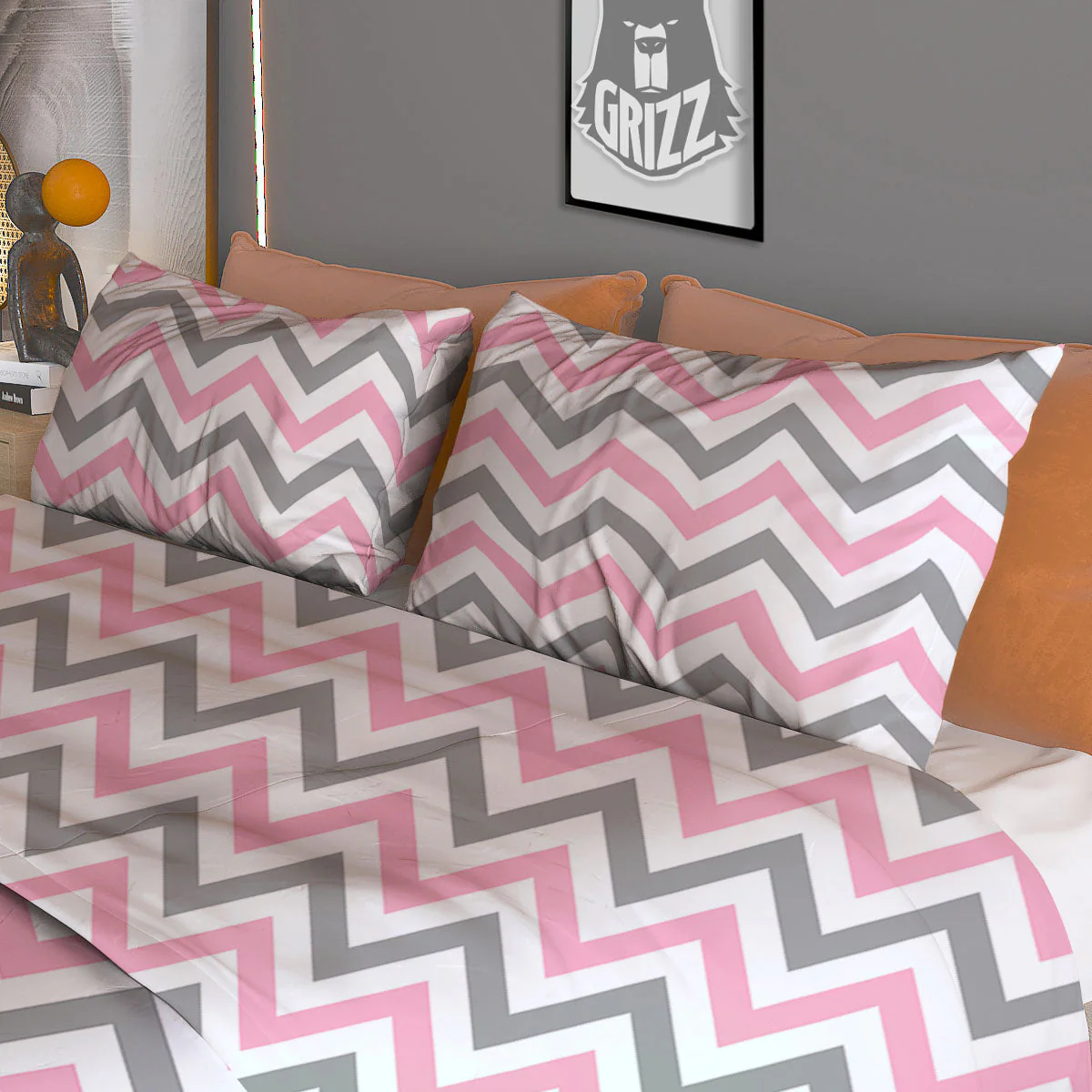 White Pink And Grey Chevron Print Duvet Cover Bedding Set - Image 3
