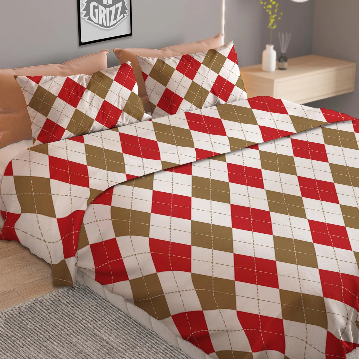 White Red And Beige Argyle Print Pattern Duvet Cover Bedding Set - Image 2