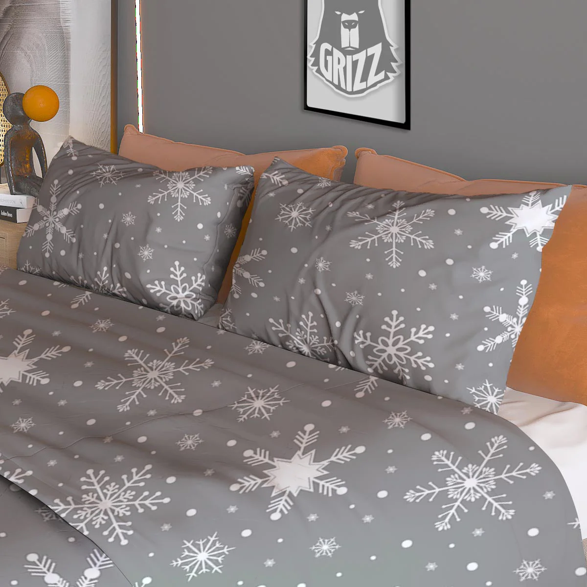 White Snowflake And Silver Print Pattern Duvet Cover Bedding Set - Image 3