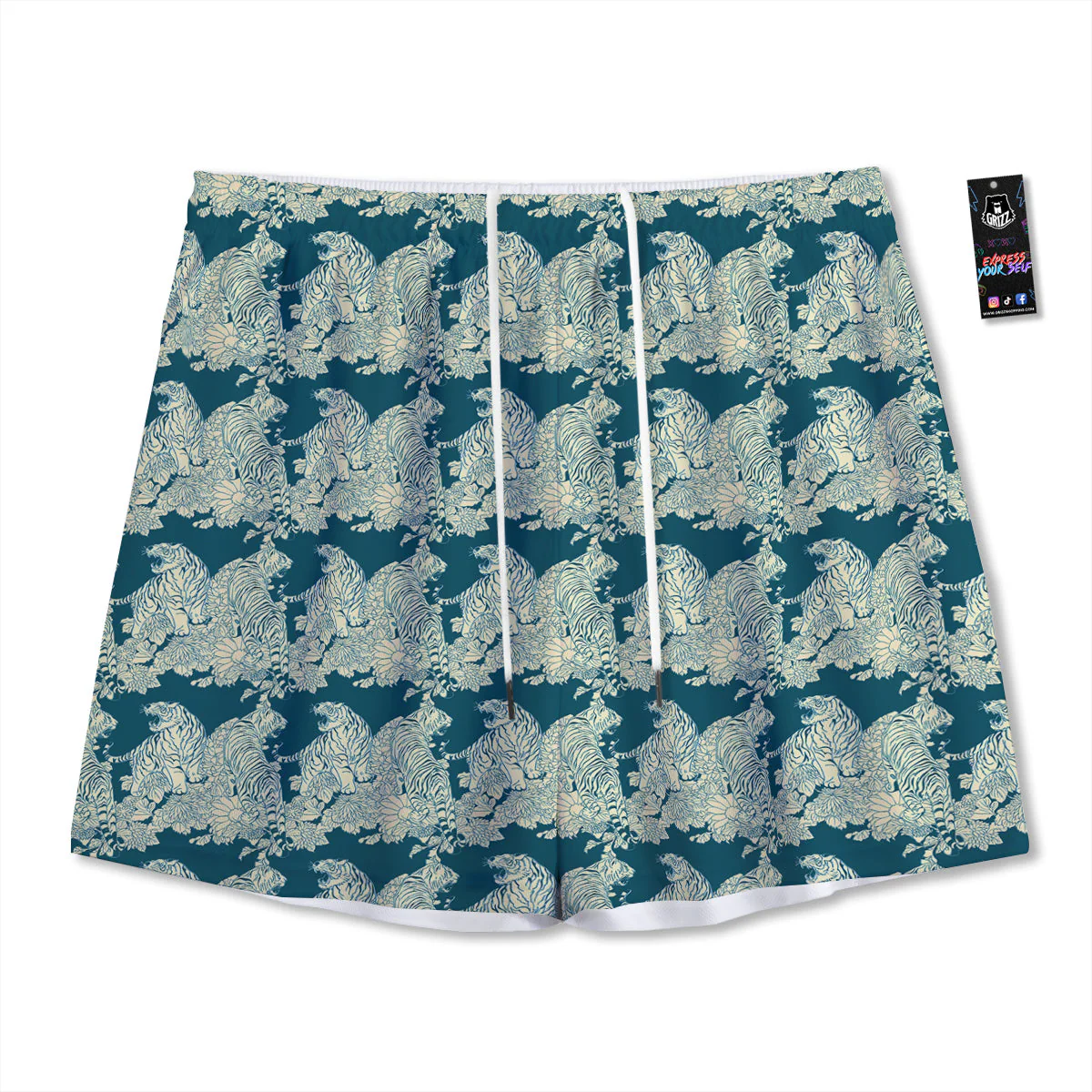 White Tiger Japanese Print Pattern Mesh Shorts