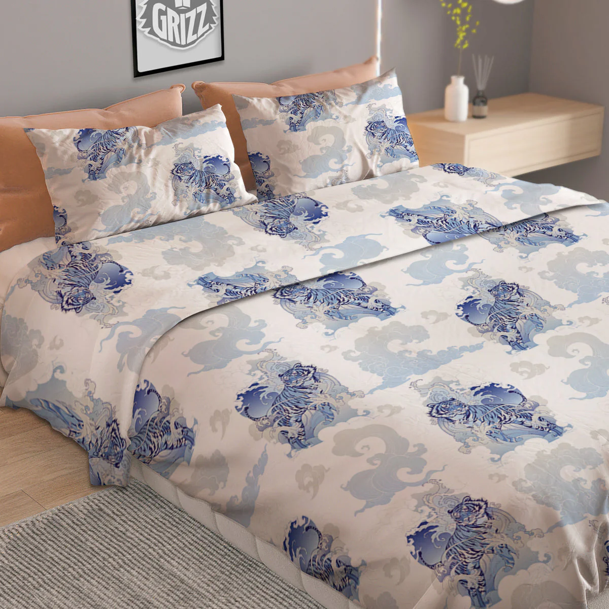 White Tiger Tattoo Japanese Print Pattern Duvet Cover Bedding Set - Image 2