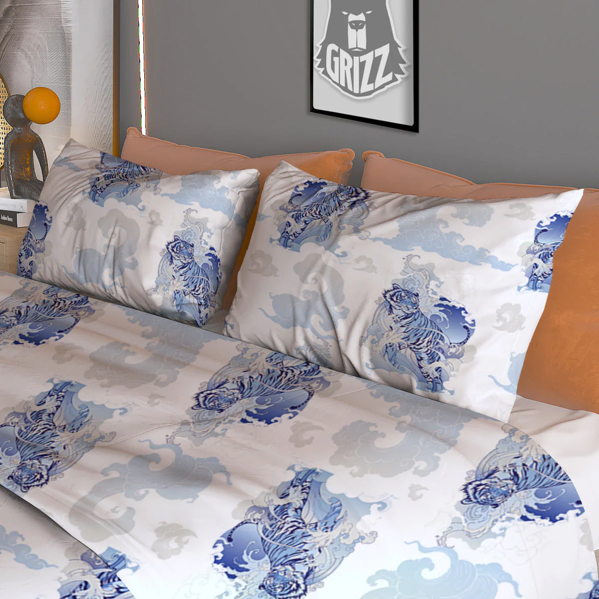 White Tiger Tattoo Japanese Print Pattern Duvet Cover Bedding Set - Image 3