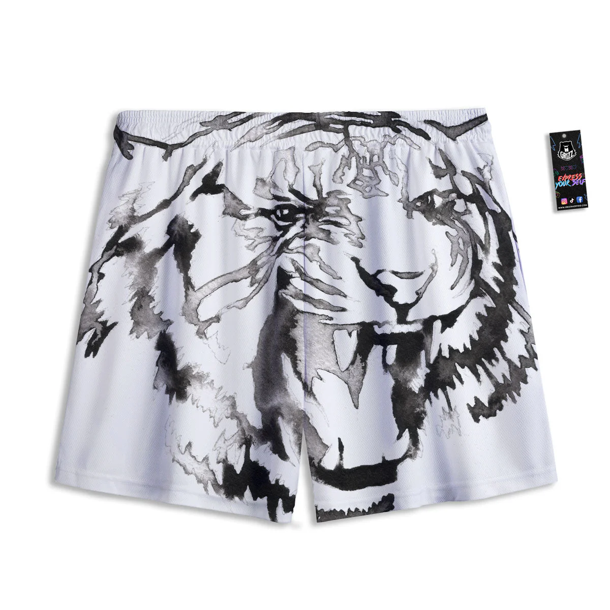 White Tiger Watercolor Monochrome Print Mesh Shorts - Image 2