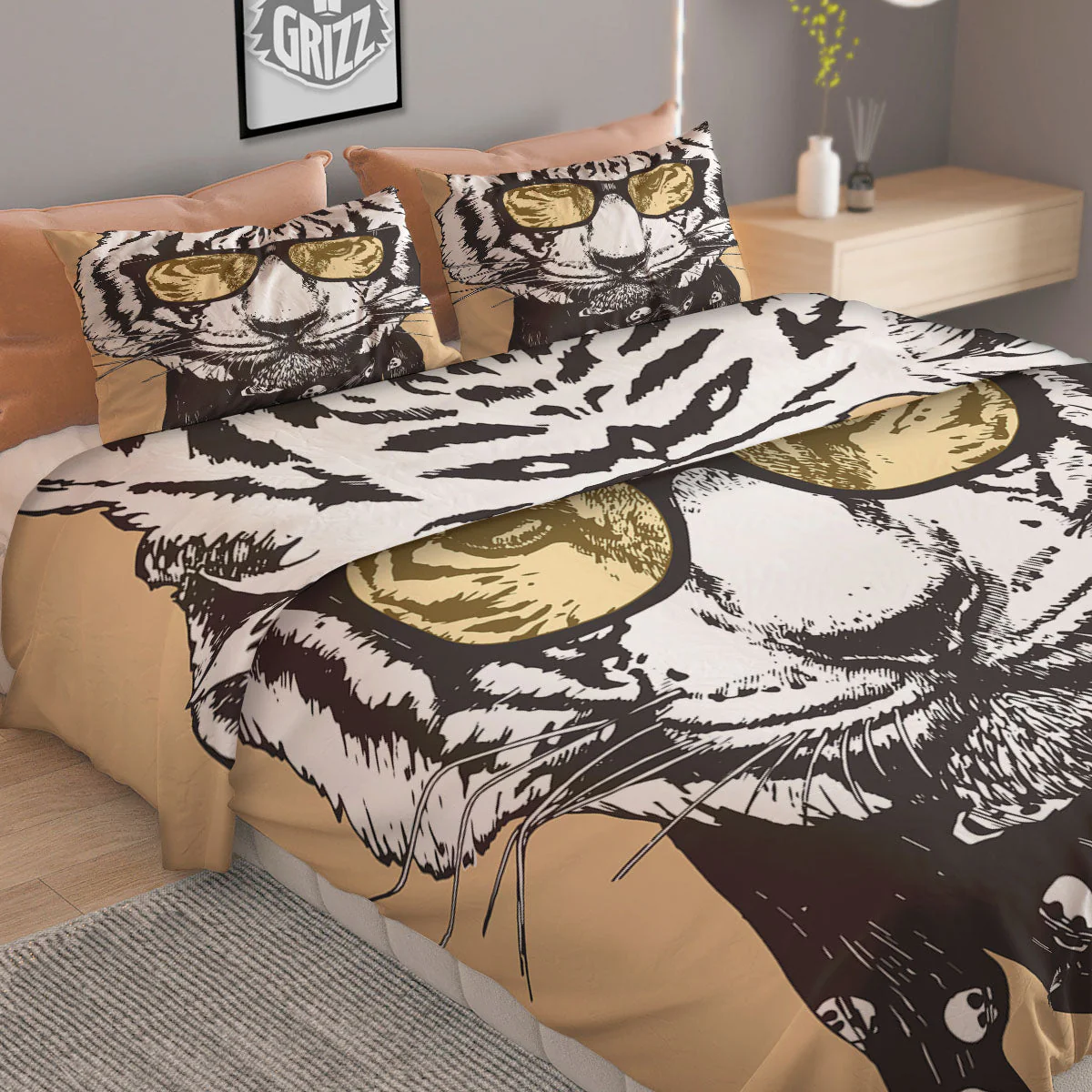 White Tiger With Sunglasses Print Pattern Duvet Cover Bedding Set - Image 2