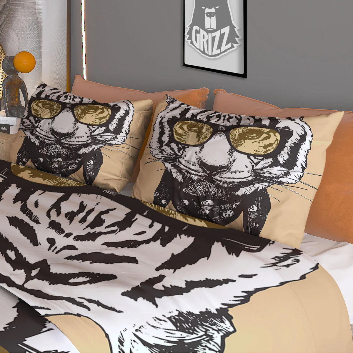 White Tiger With Sunglasses Print Pattern Duvet Cover Bedding Set - Image 3