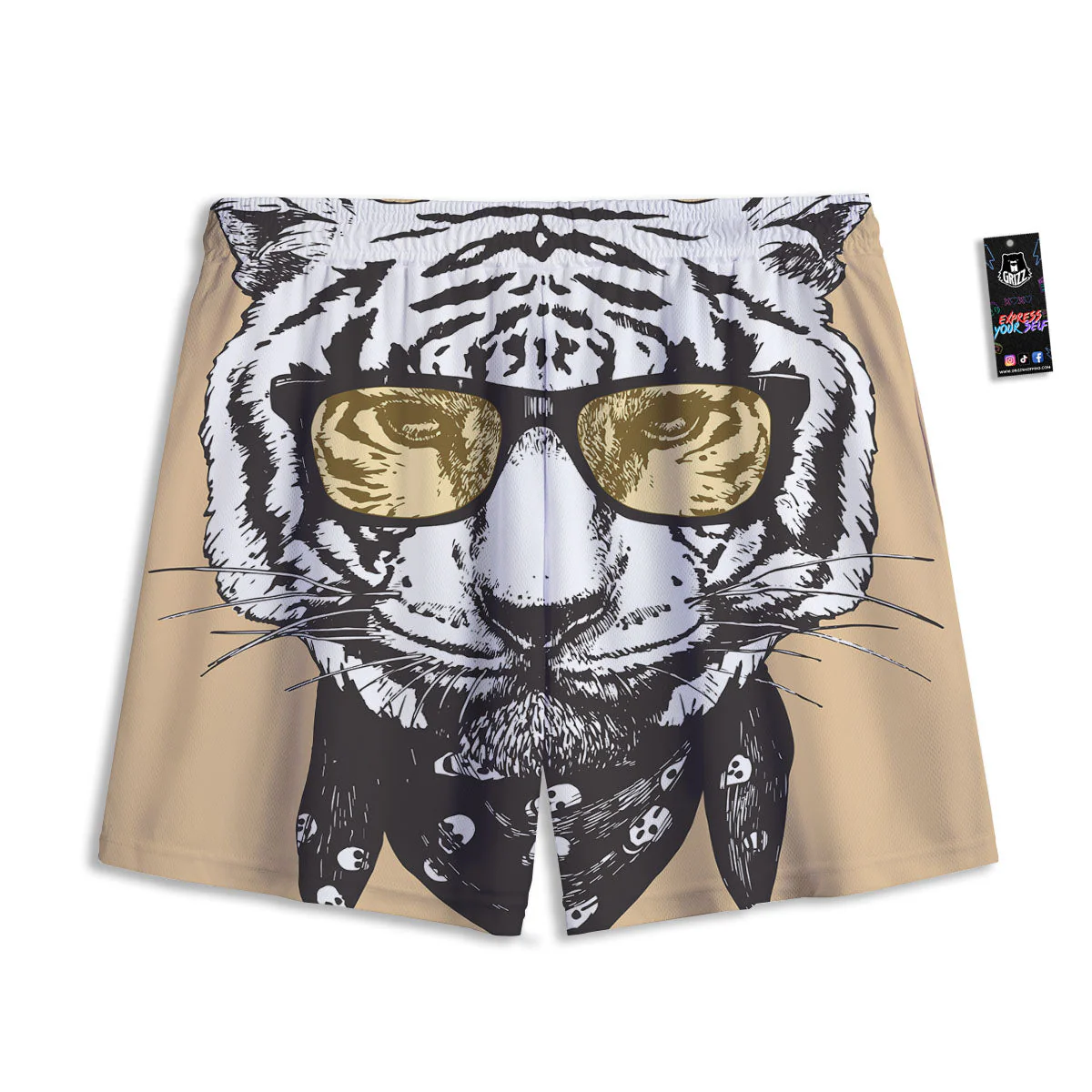 White Tiger With Sunglasses Print Pattern Mesh Shorts - Image 2