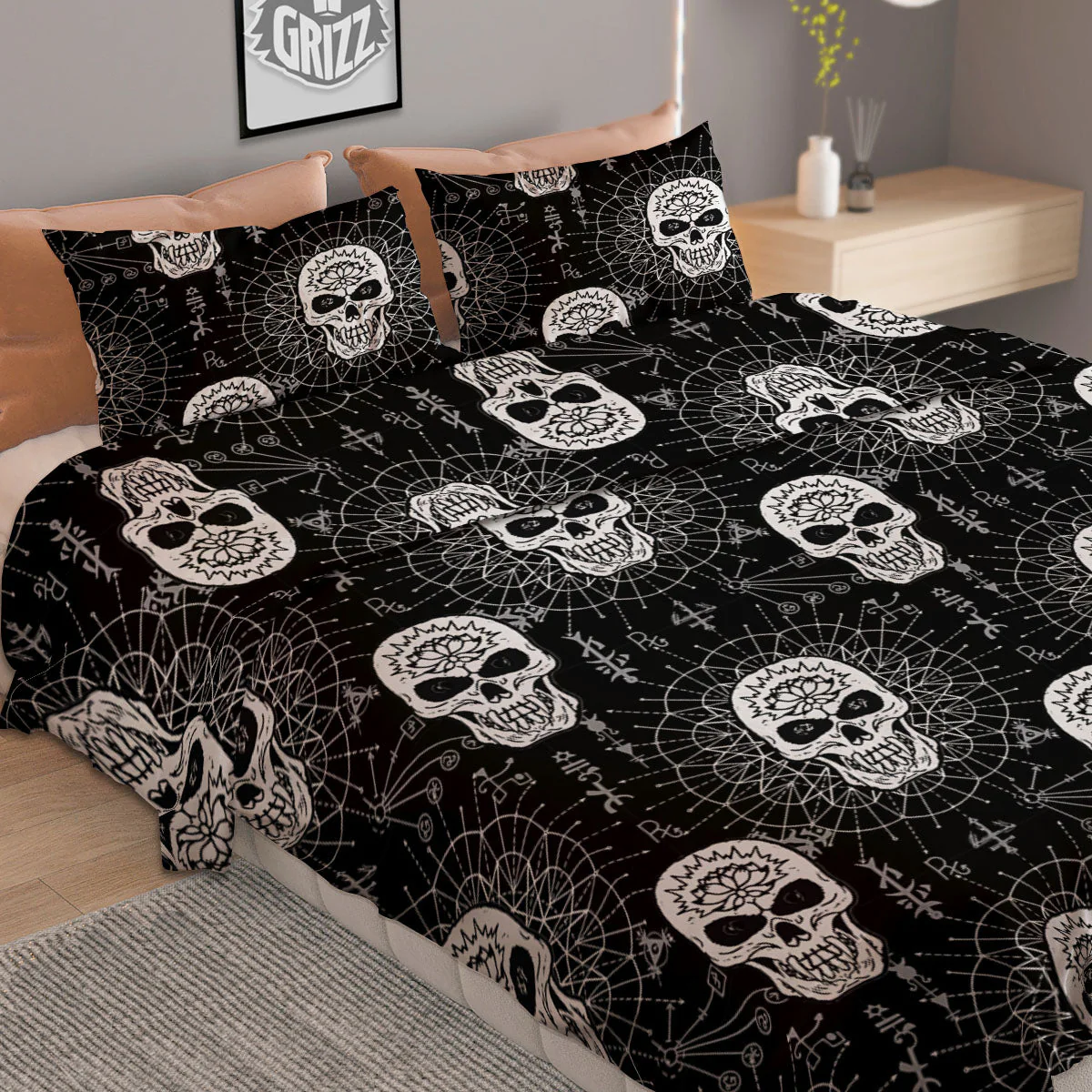 Wicca Evil Skull White And Black Print Duvet Cover Bedding Set - Image 2
