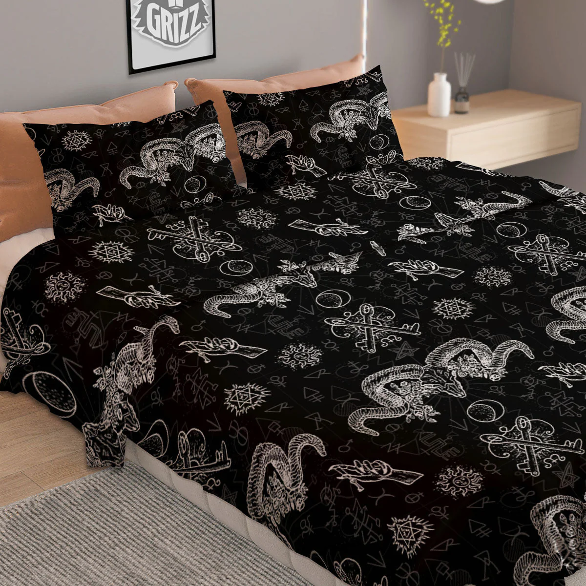 Wicca Gothic White And Black Print Duvet Cover Bedding Set - Image 2