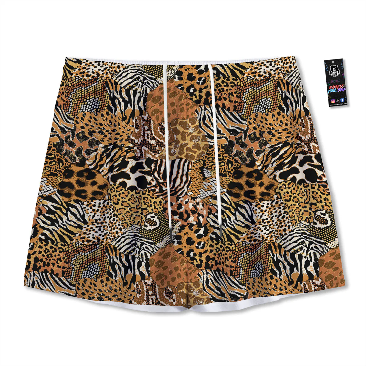 Wild Animal Skins Patchwork Print Pattern Mesh Shorts