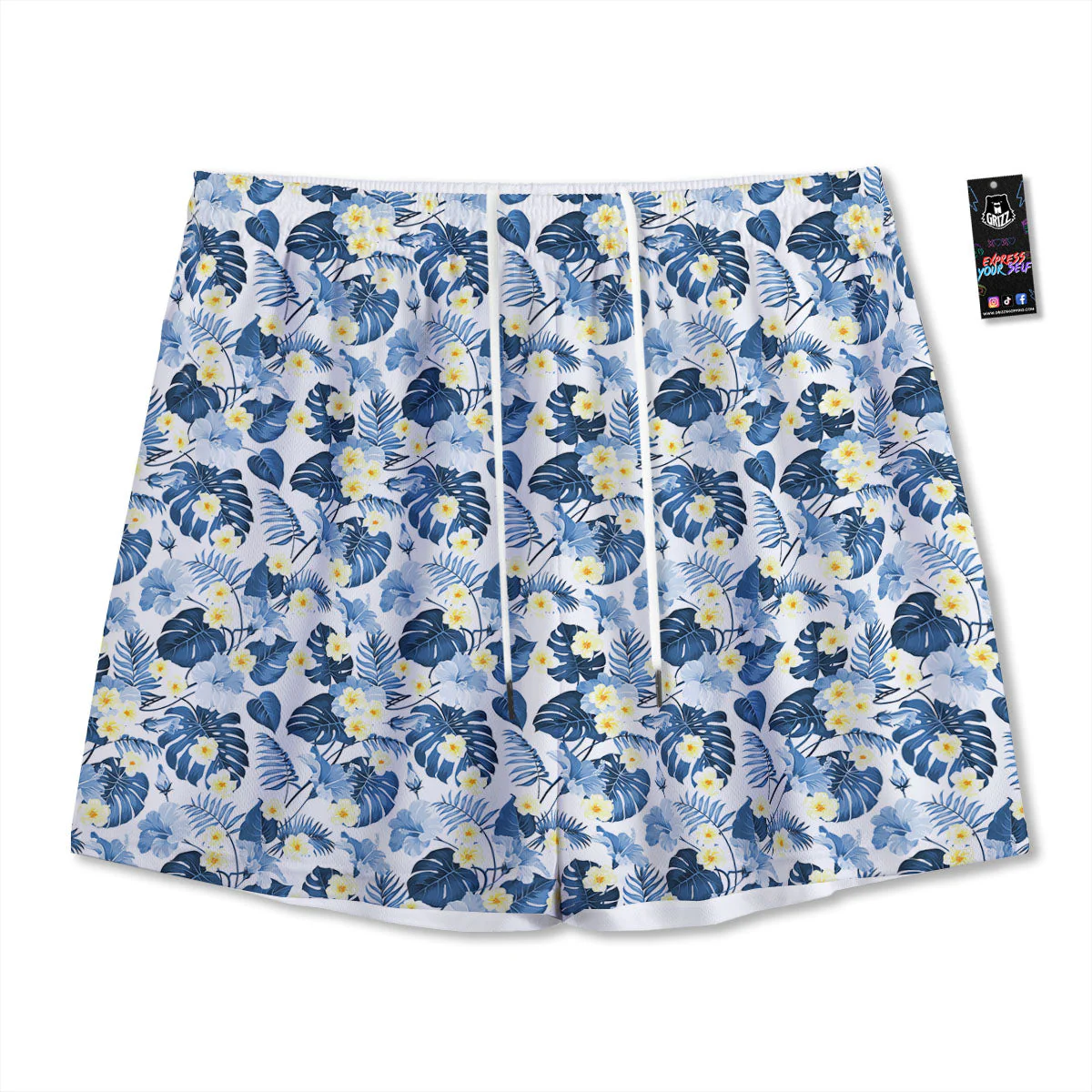 Wildflowers Blue Hawaiian Print Pattern Mesh Shorts