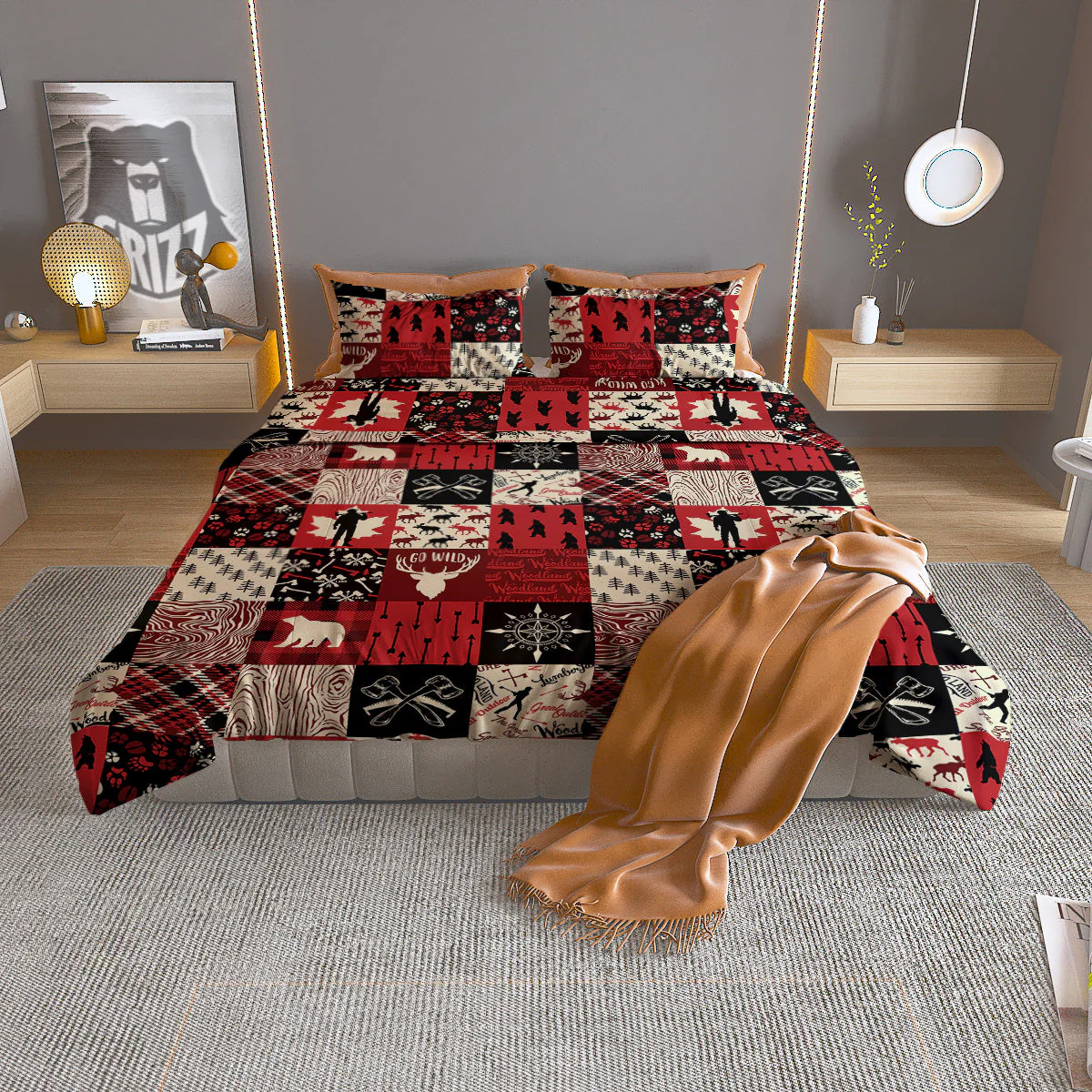 Wildlife Red Plaid Print Pattern Duvet Cover Bedding Set