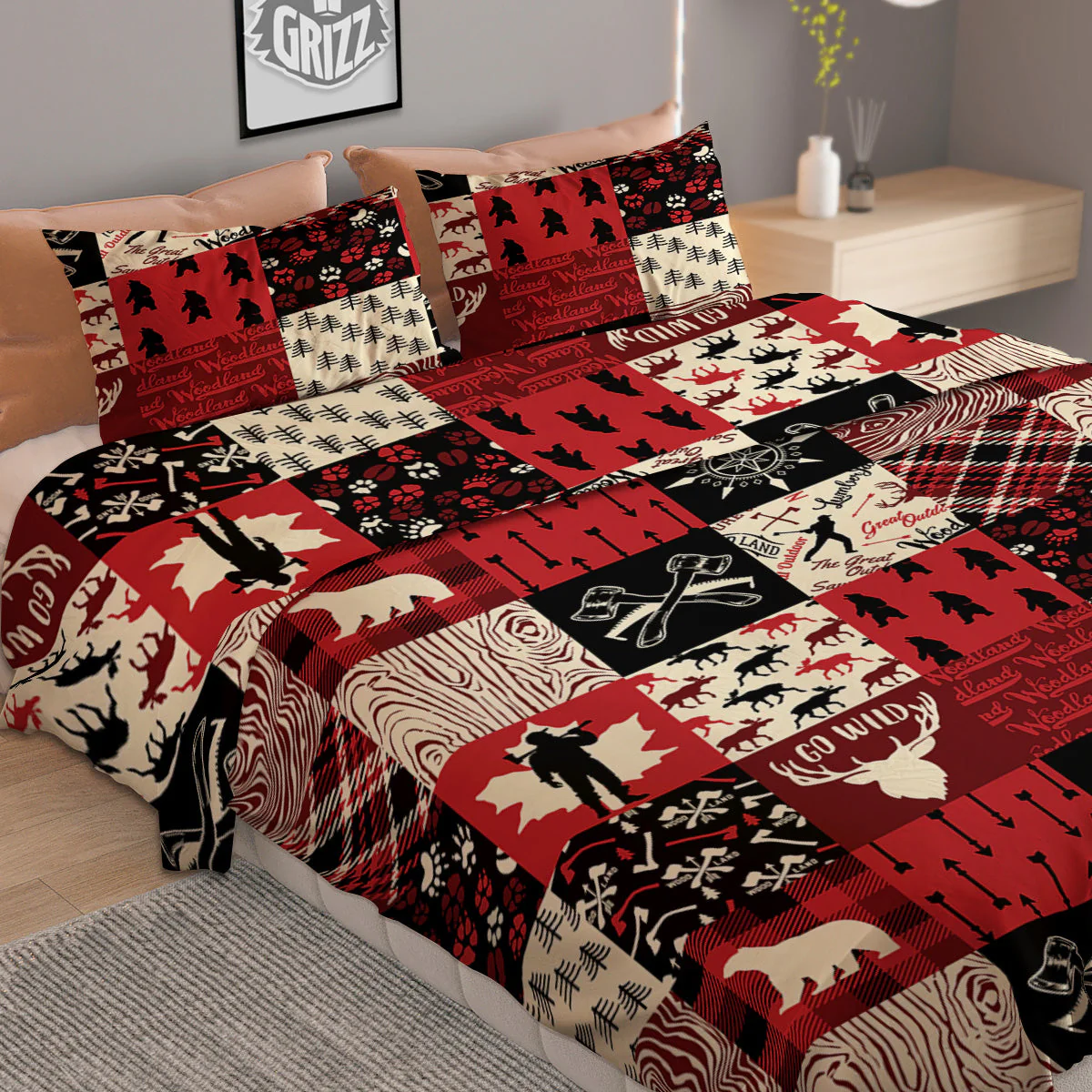 Wildlife Red Plaid Print Pattern Duvet Cover Bedding Set - Image 2