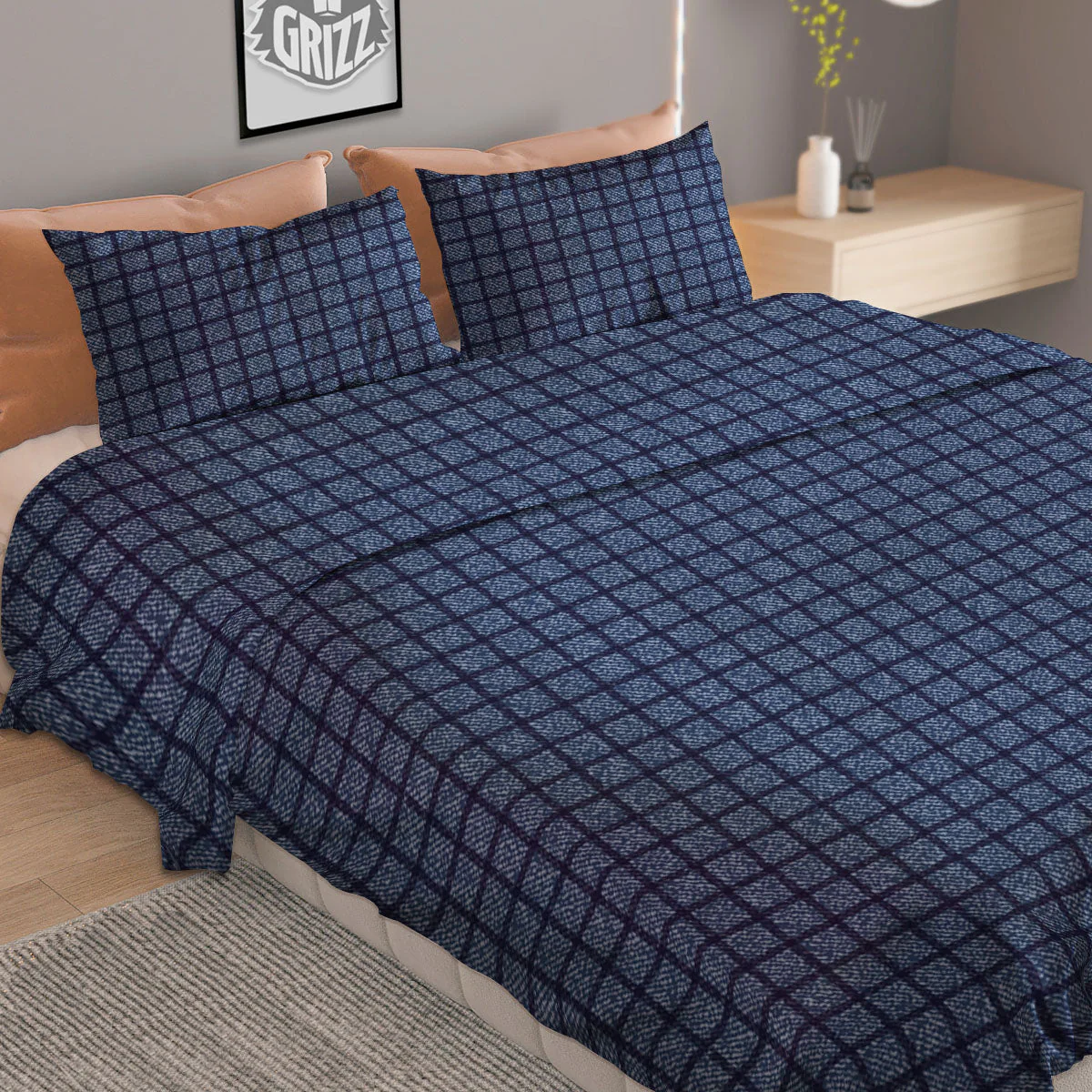 Windowpane Denim Print Pattern Duvet Cover Bedding Set - Image 2