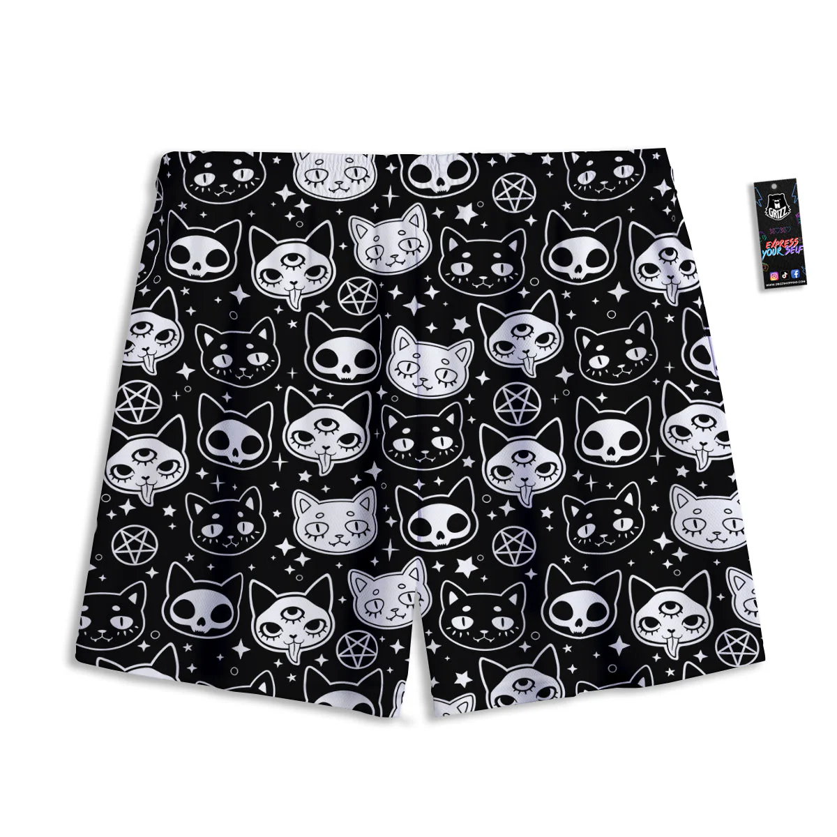 Witch And Ghost Black White Print Pattern Mesh Shorts - Image 2