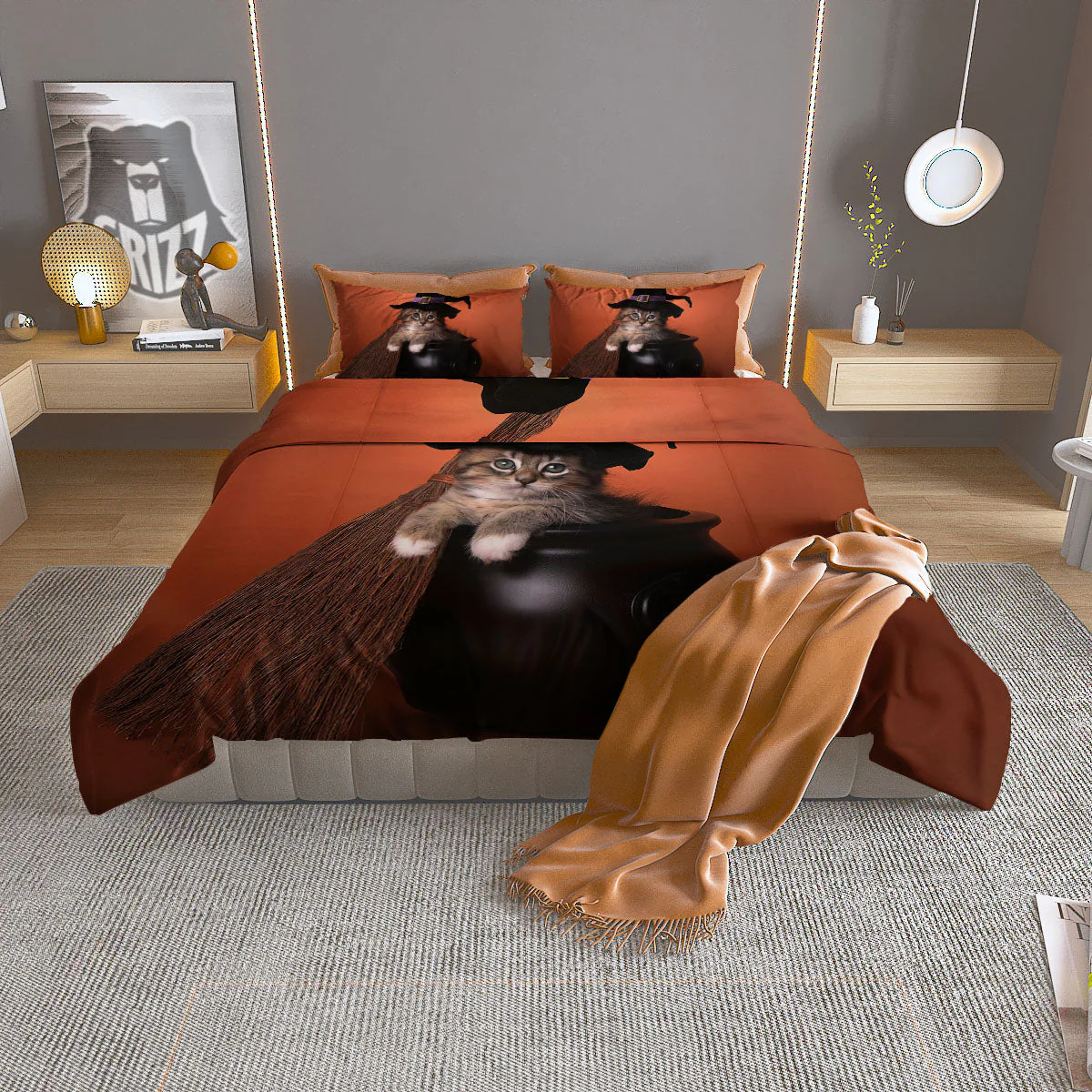 Witch Cat Halloween Cute Print Duvet Cover Bedding Set