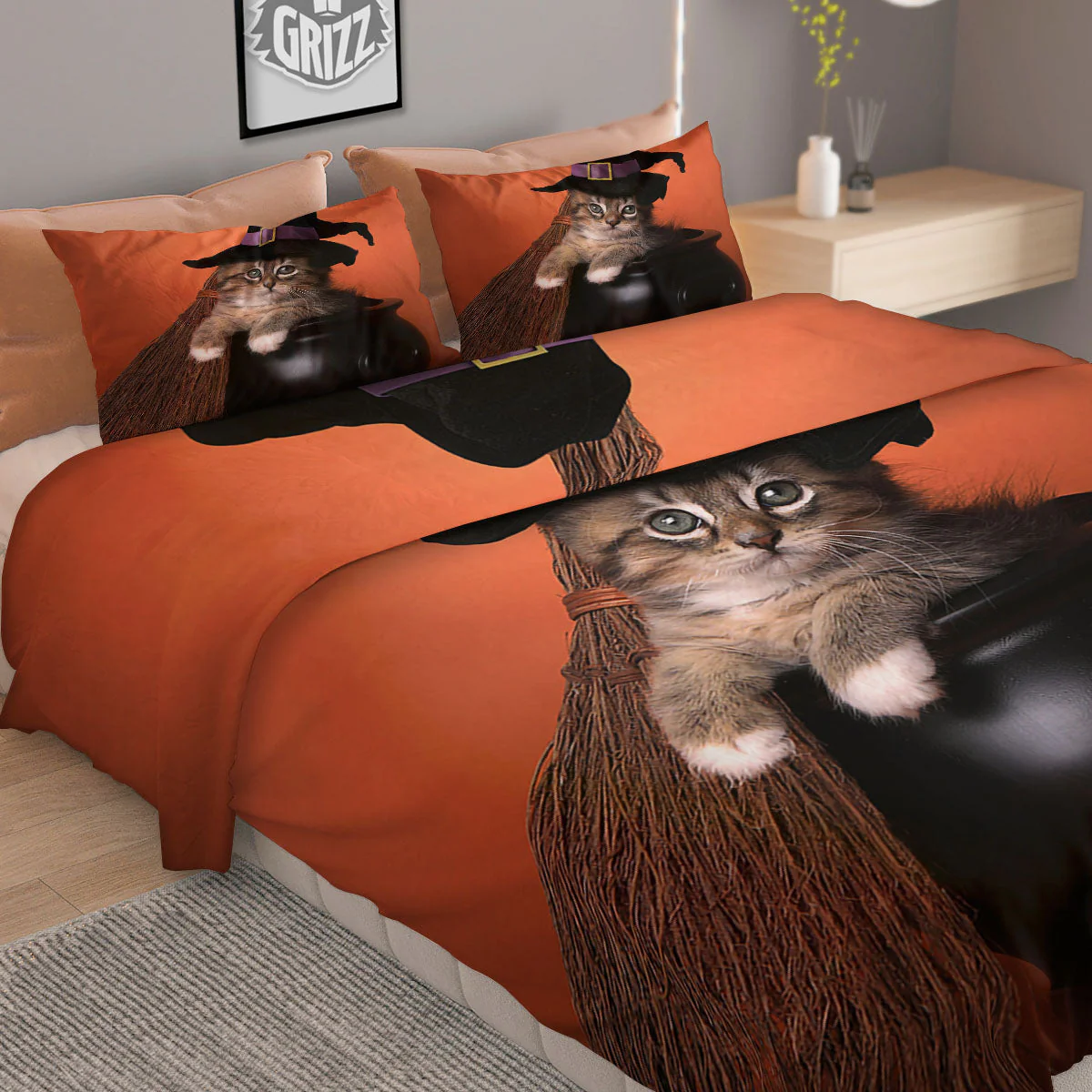 Witch Cat Halloween Cute Print Duvet Cover Bedding Set - Image 2