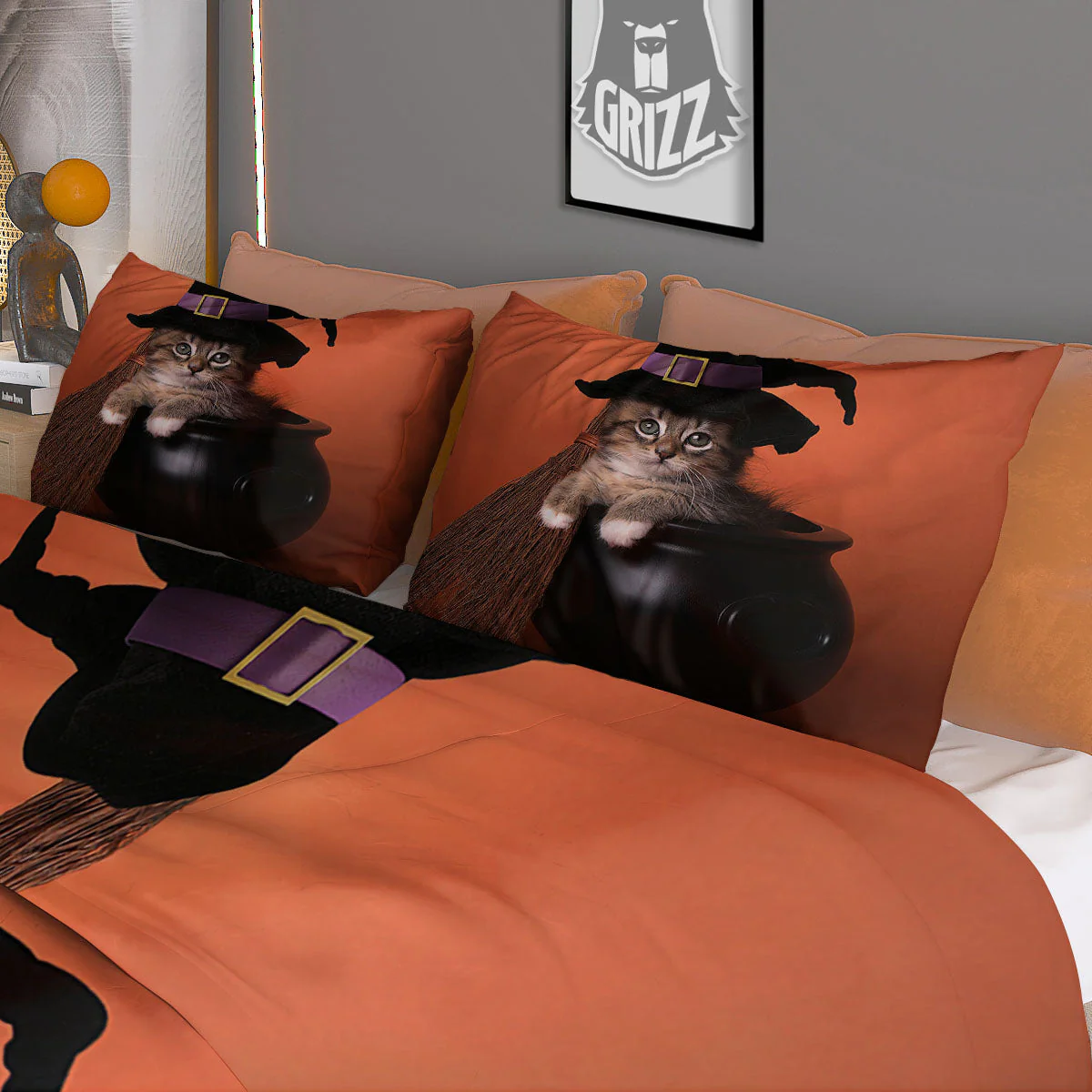 Witch Cat Halloween Cute Print Duvet Cover Bedding Set - Image 3