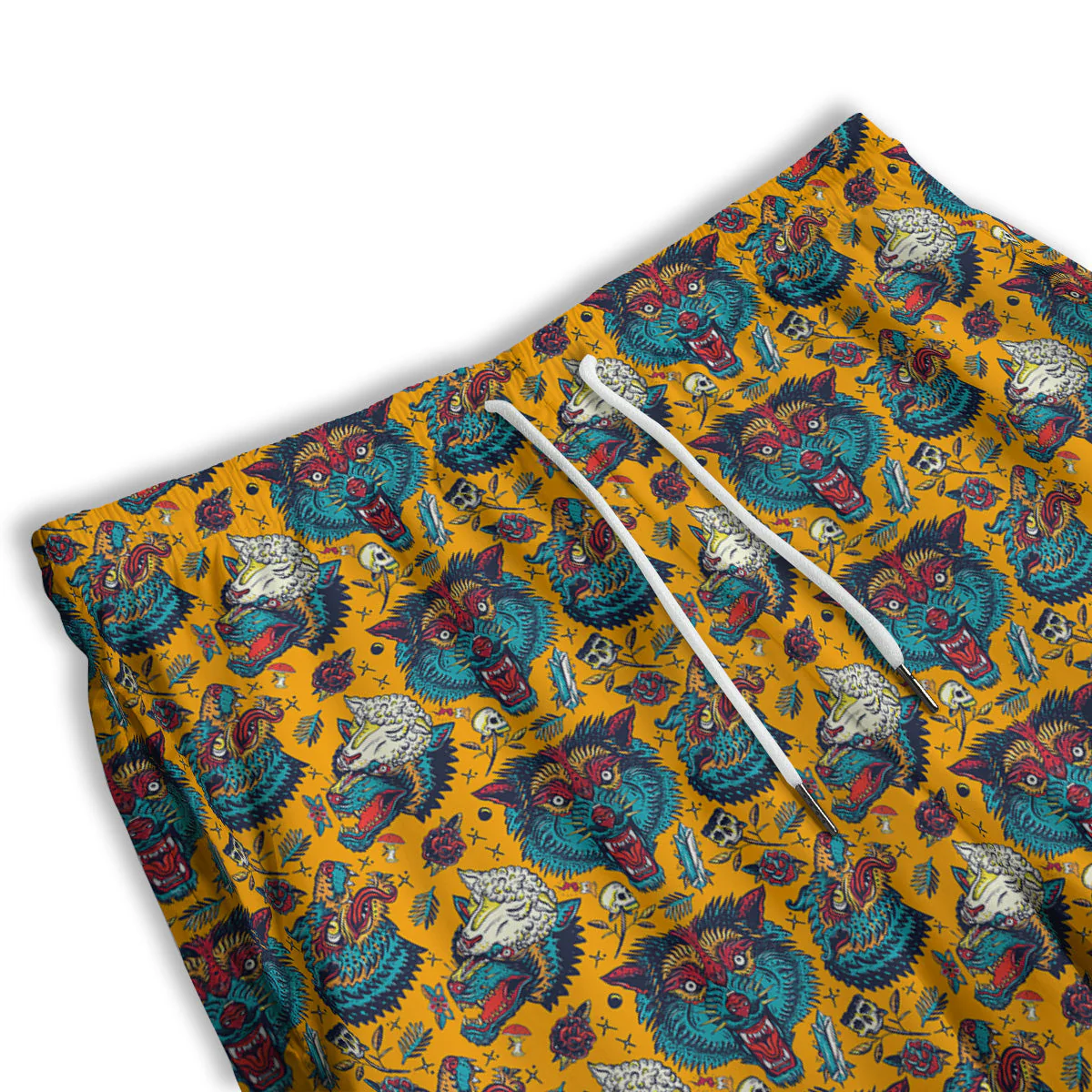 Wolf Head Yellow Tattoo Print Pattern Men's Athletic Shorts - Image 3