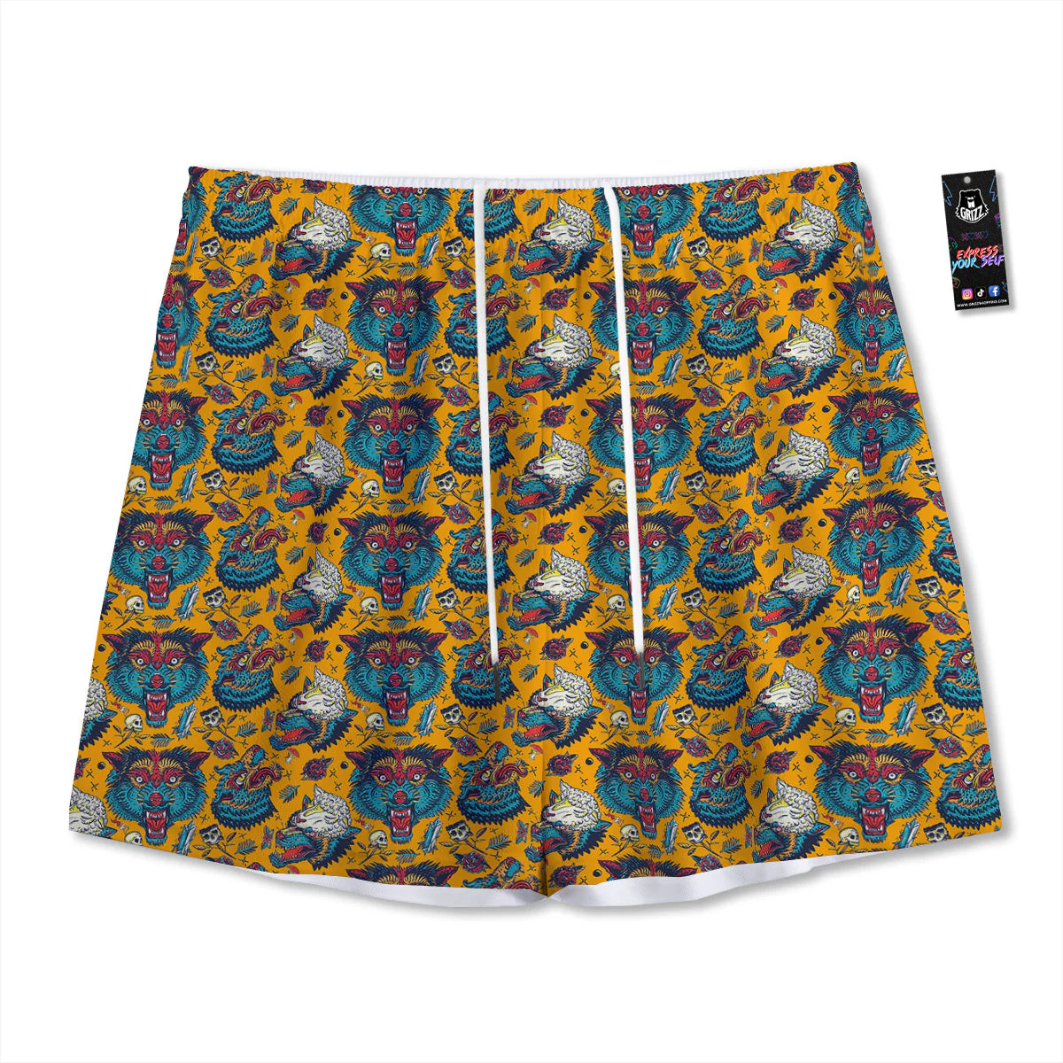 Wolf Head Yellow Tattoo Print Pattern Mesh Shorts