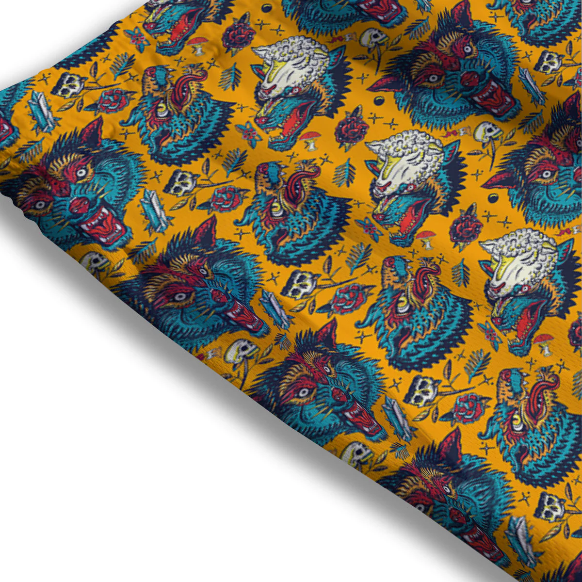 Wolf Head Yellow Tattoo Print Pattern Mesh Shorts - Image 3