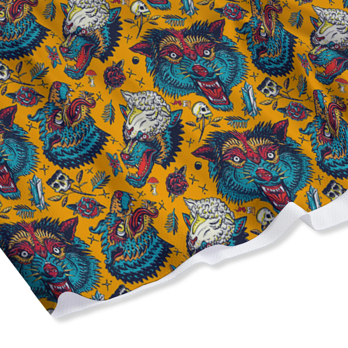 Wolf Head Yellow Tattoo Print Pattern Mesh Shorts - Image 4
