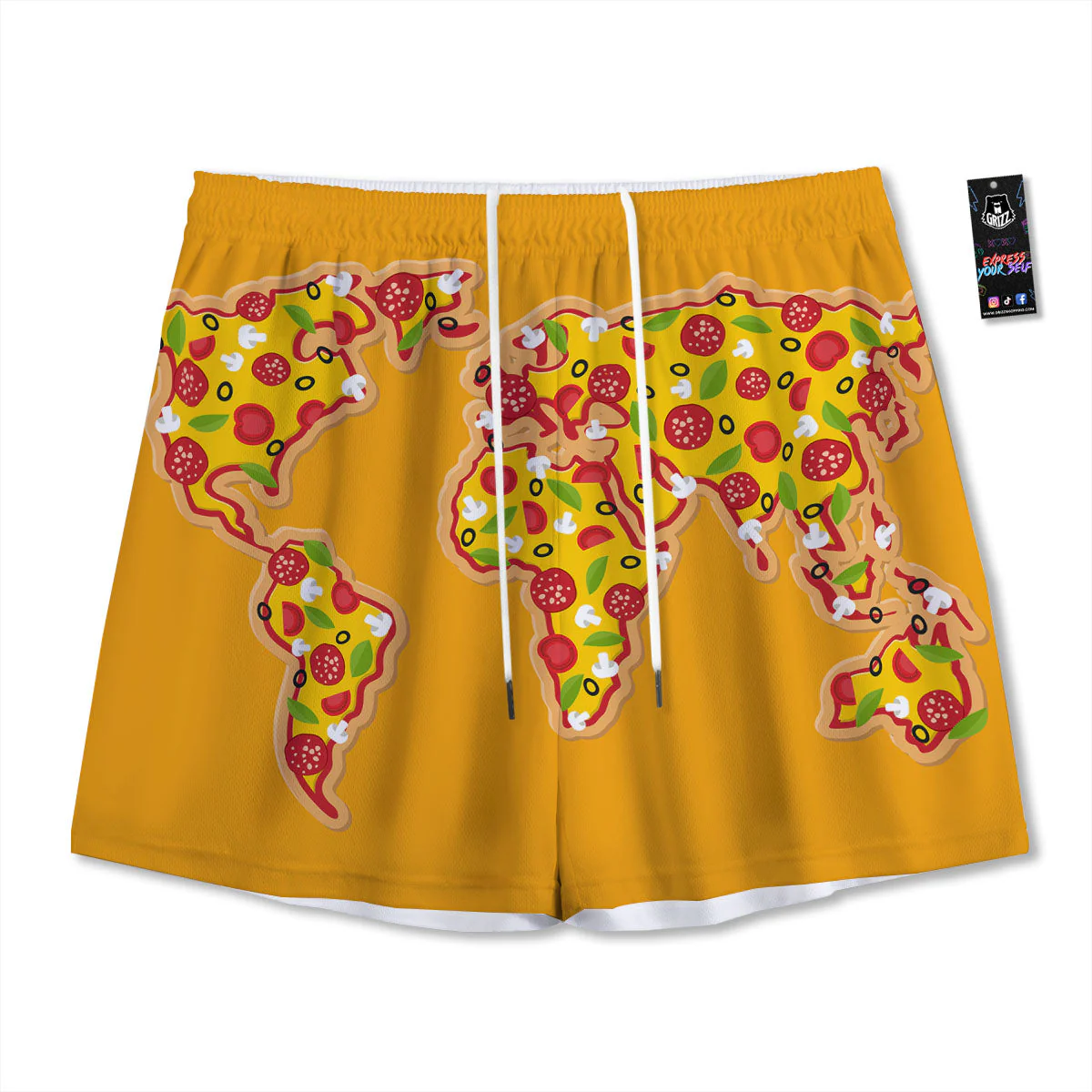 World Map Pizza Print Mesh Shorts