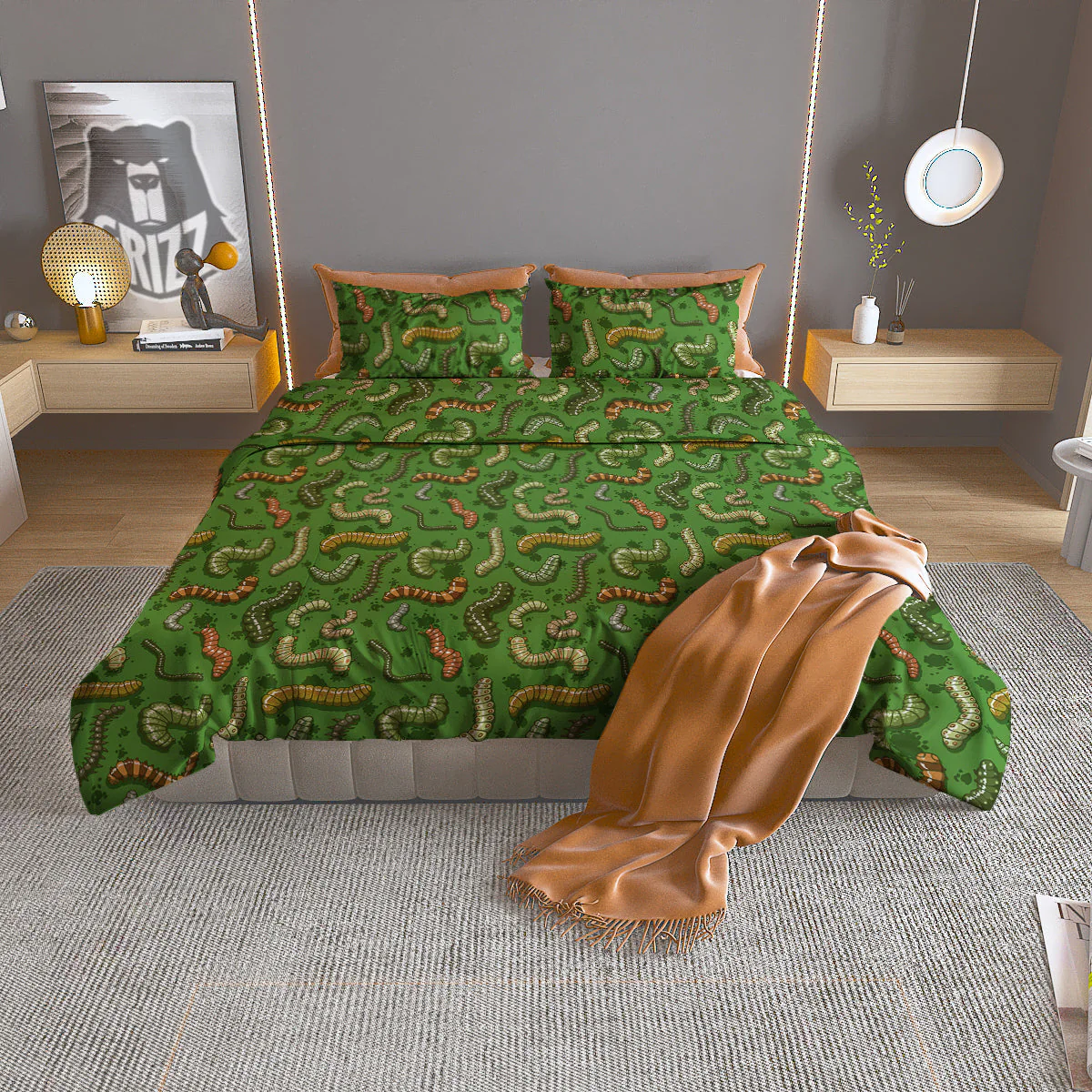 Worm Insect Green Print Pattern Duvet Cover Bedding Set
