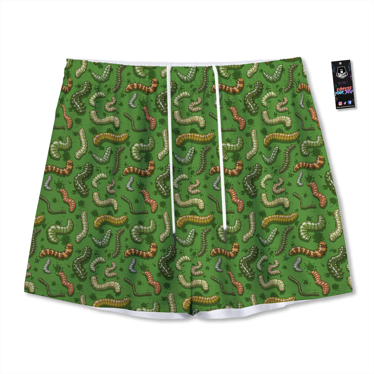 Worm Insect Green Print Pattern Mesh Shorts