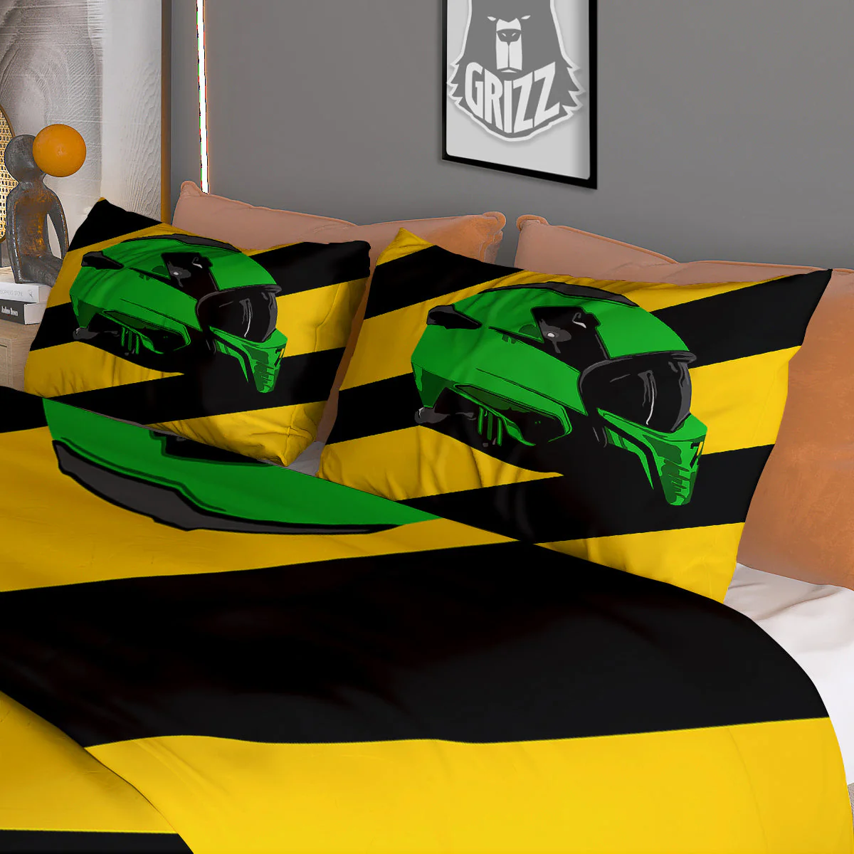 Yellow And Green Helmet Print Duvet Cover Bedding Set - Image 3
