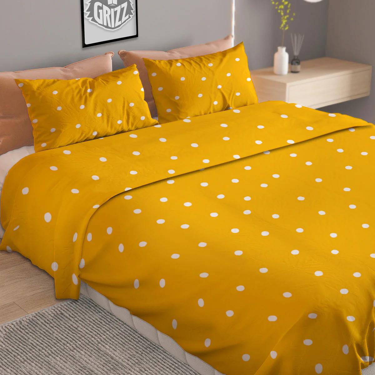 Yellow And White Polka Dot Print Pattern Duvet Cover Bedding Set - Image 2