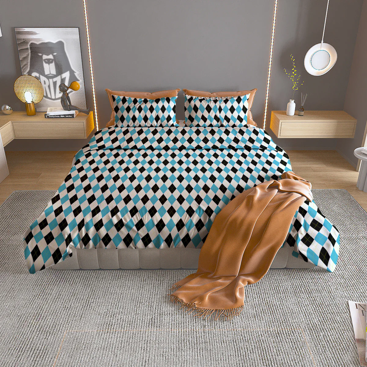 Yellow Black And Blue Argyle Print Duvet Cover Bedding Set