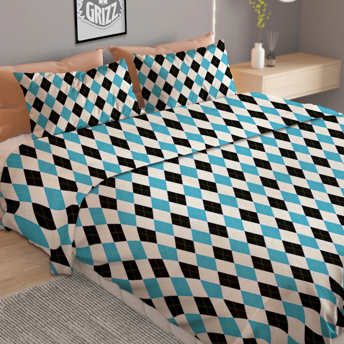 Yellow Black And Blue Argyle Print Duvet Cover Bedding Set - Image 2