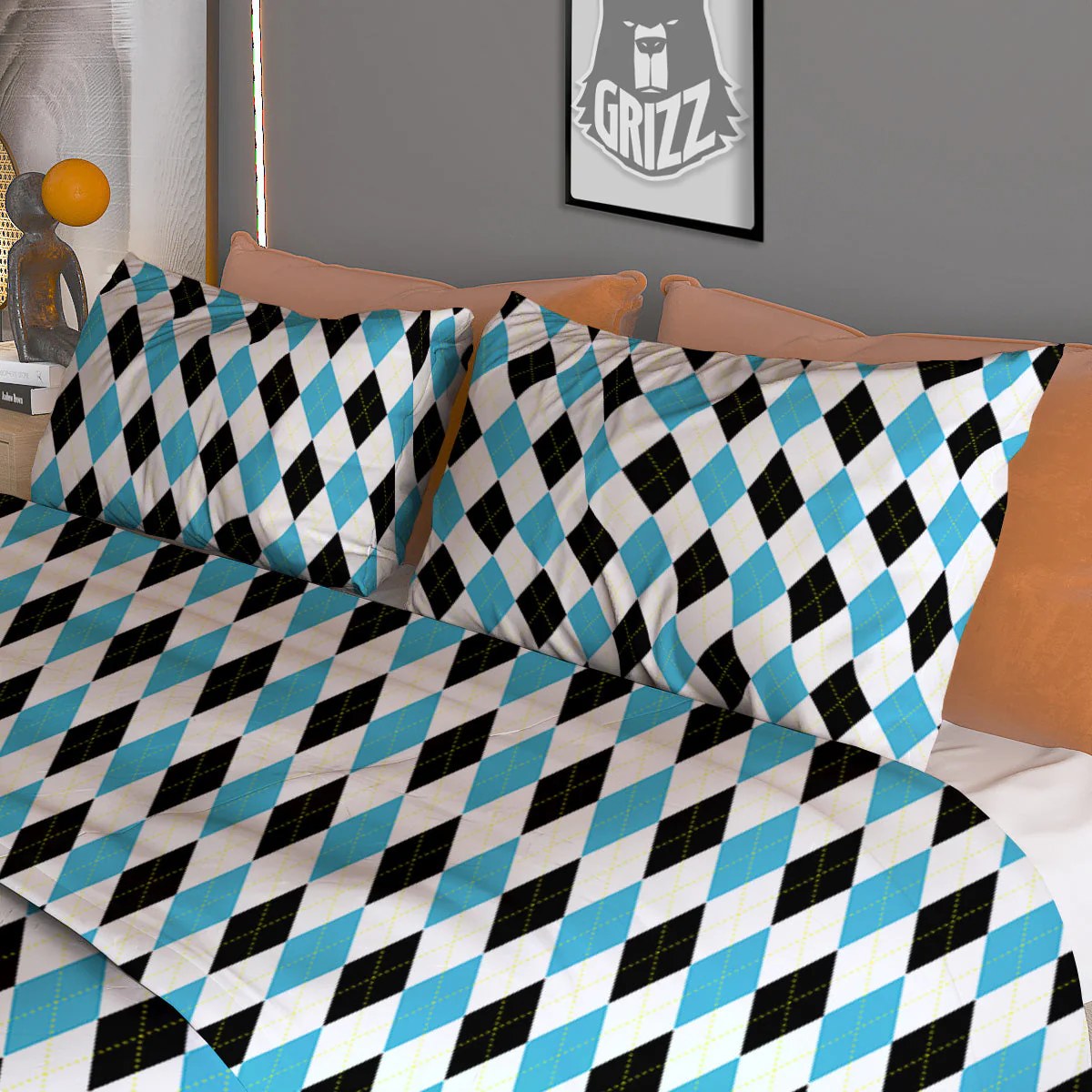 Yellow Black And Blue Argyle Print Duvet Cover Bedding Set - Image 3