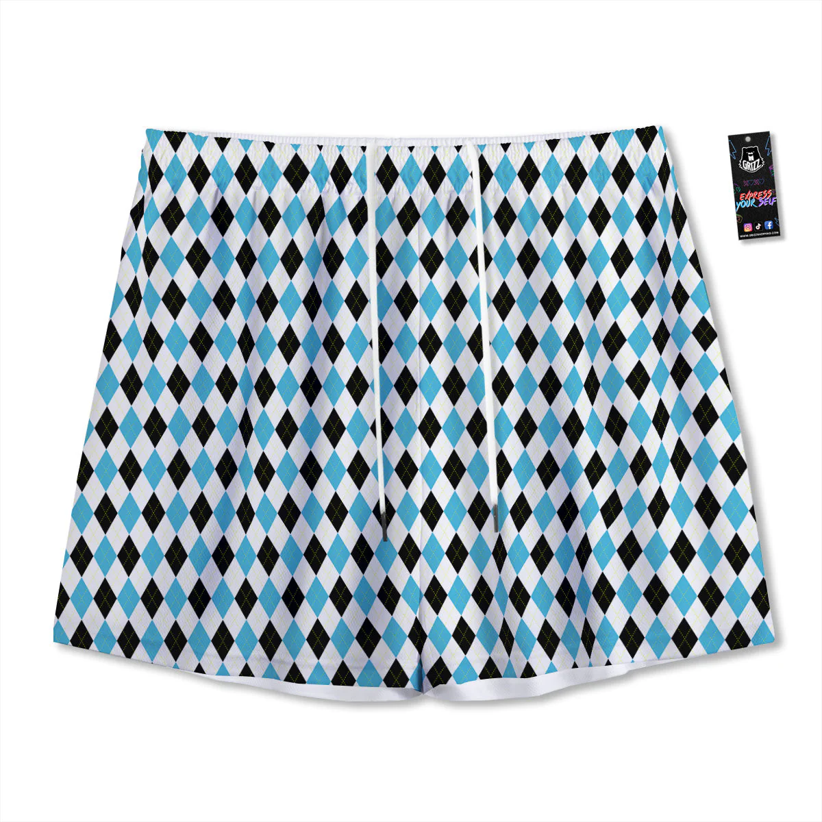 Yellow Black And Blue Argyle Print Mesh Shorts