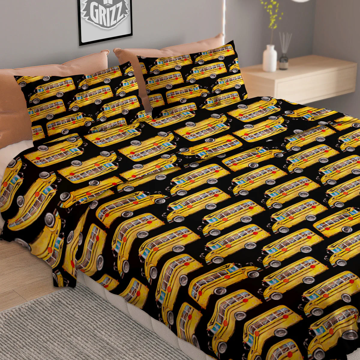 Yellow Bus Print Pattern Duvet Cover Bedding Set - Image 2