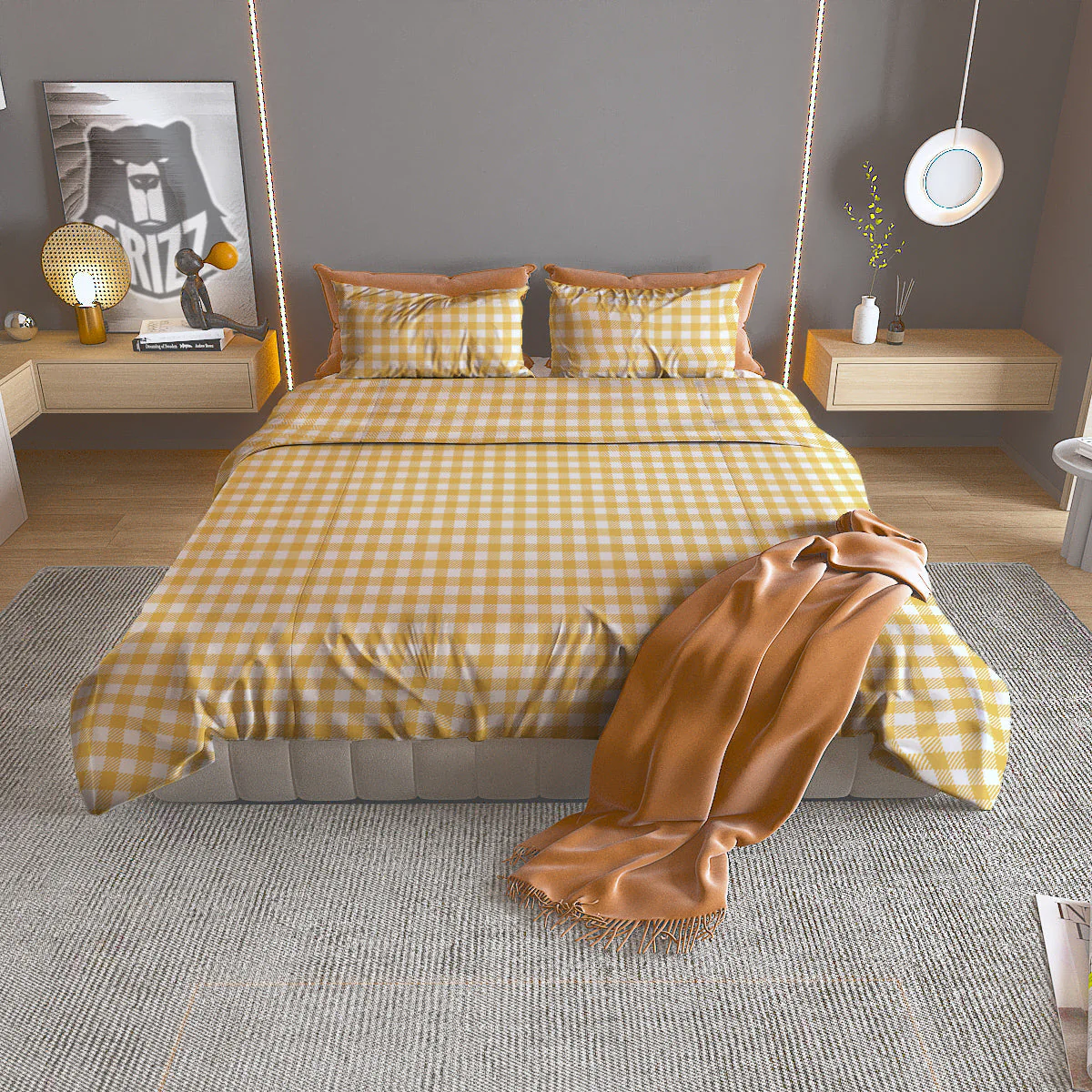 Yellow Canary And White Gingham Print Duvet Cover Bedding Set