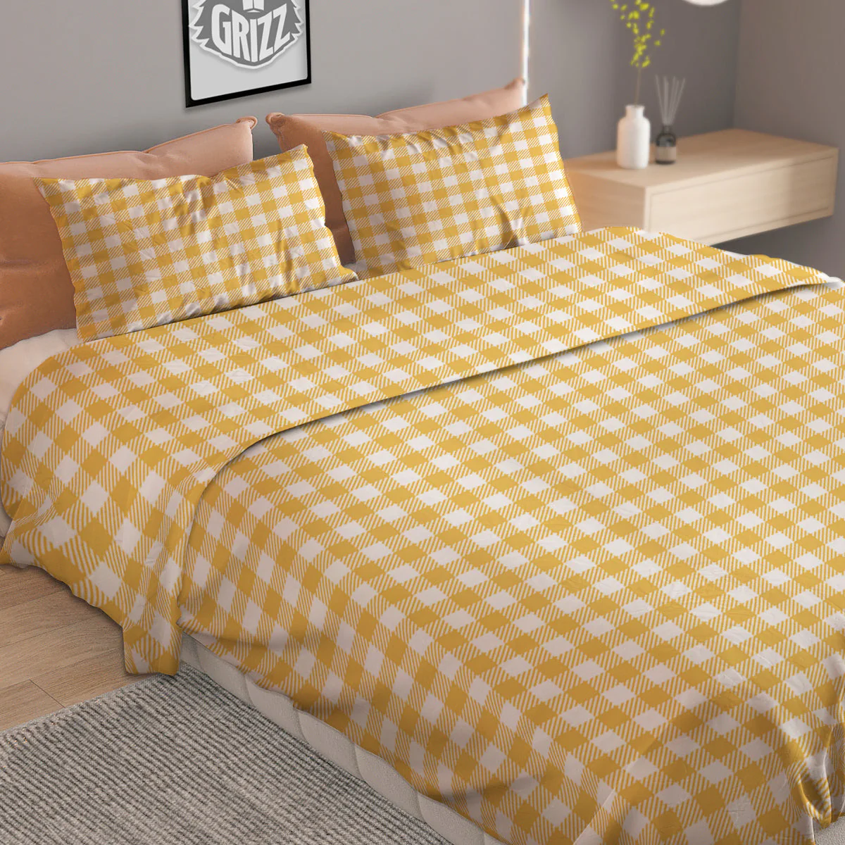 Yellow Canary And White Gingham Print Duvet Cover Bedding Set - Image 2