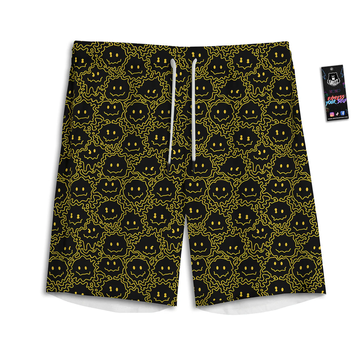 Yellow Crazy Emoji Print Pattern Men's Athletic Shorts