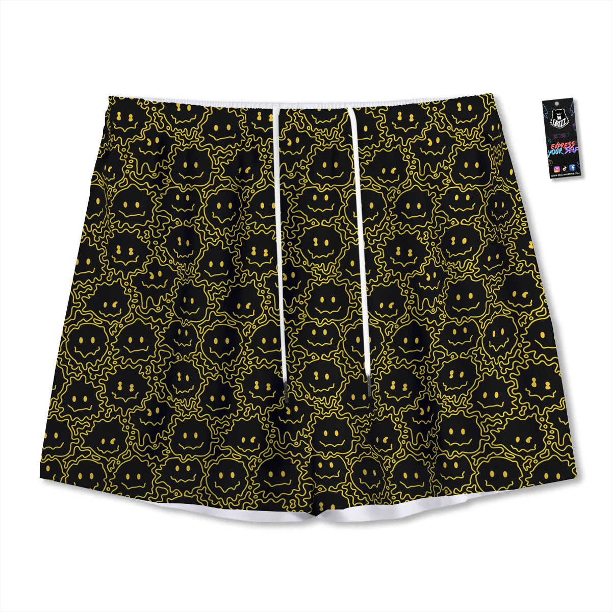 Yellow Crazy Emoji Print Pattern Mesh Shorts