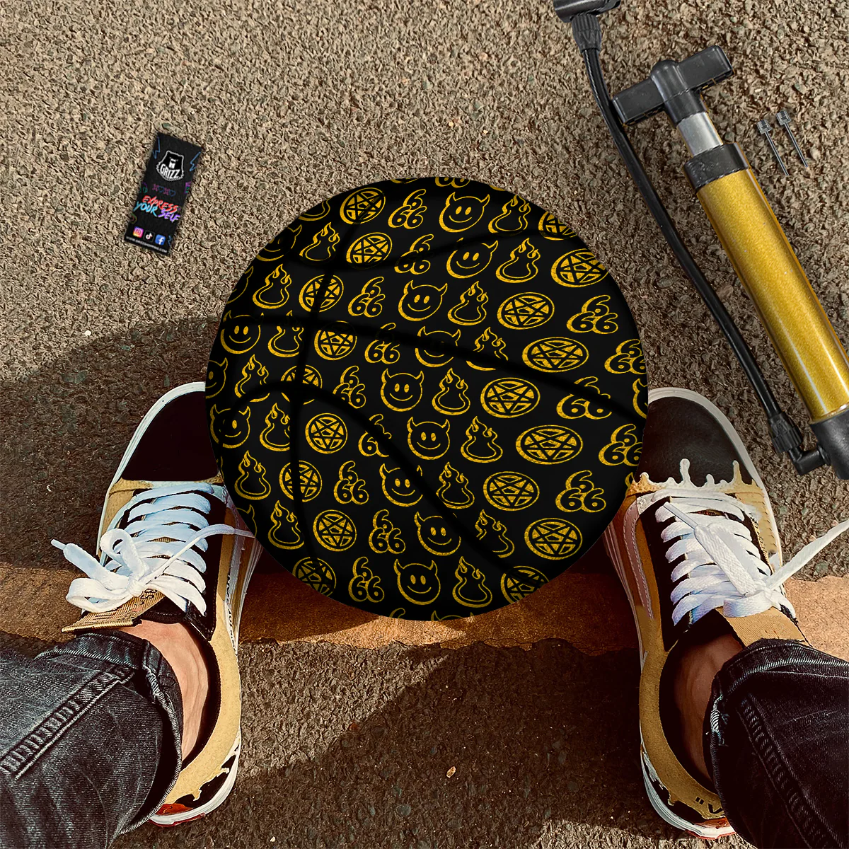 Yellow Demon Smile And Symbol Print Pattern Basketball - Image 2