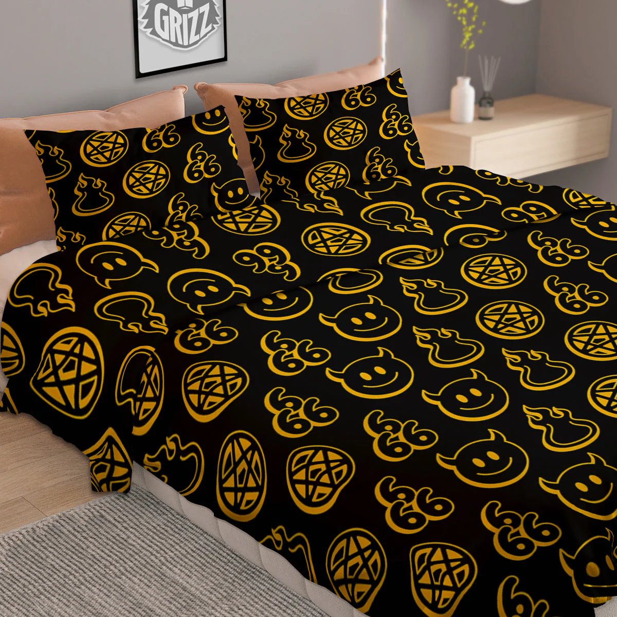 Yellow Demon Smile And Symbol Print Pattern Duvet Cover Bedding Set - Image 2