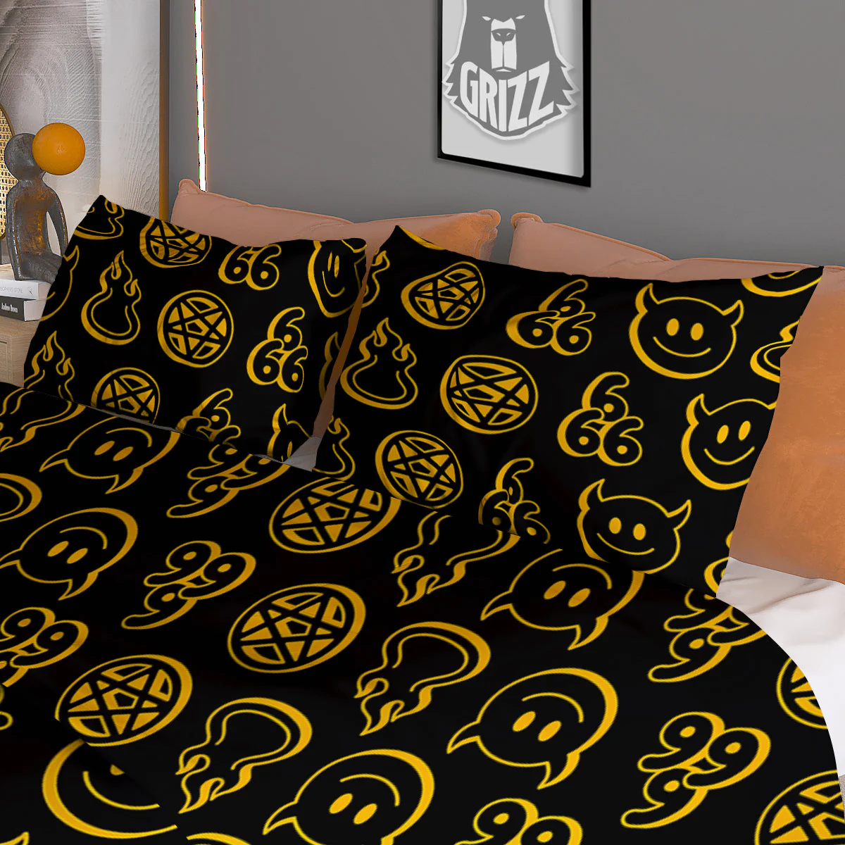 Yellow Demon Smile And Symbol Print Pattern Duvet Cover Bedding Set - Image 3