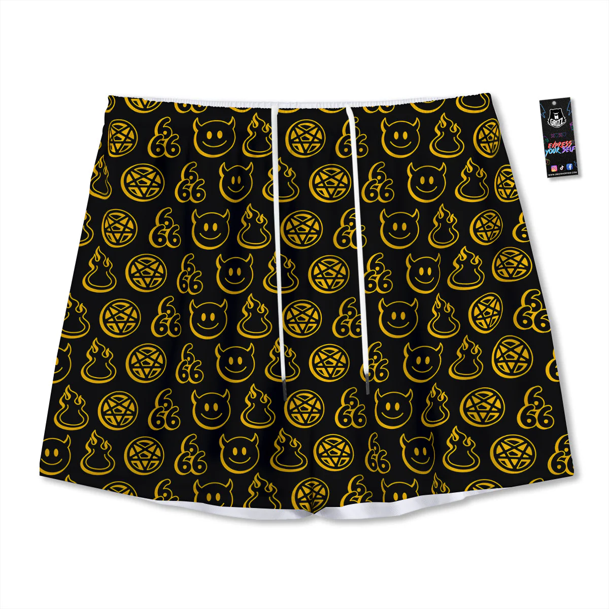 Yellow Demon Smile And Symbol Print Pattern Mesh Shorts