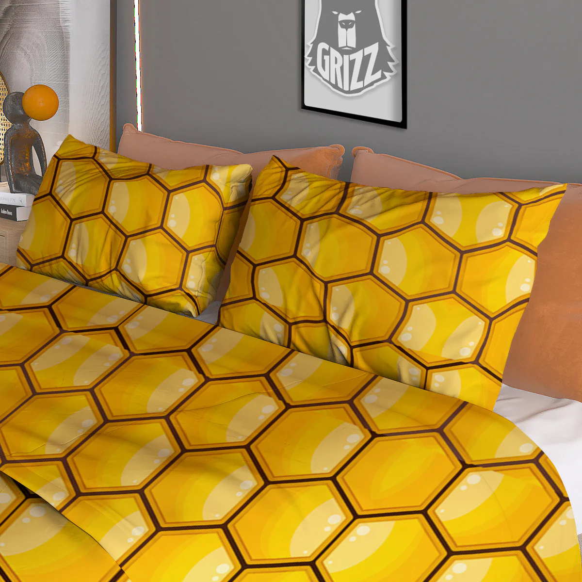 Yellow Honeycomb Print Pattern Duvet Cover Bedding Set - Image 3