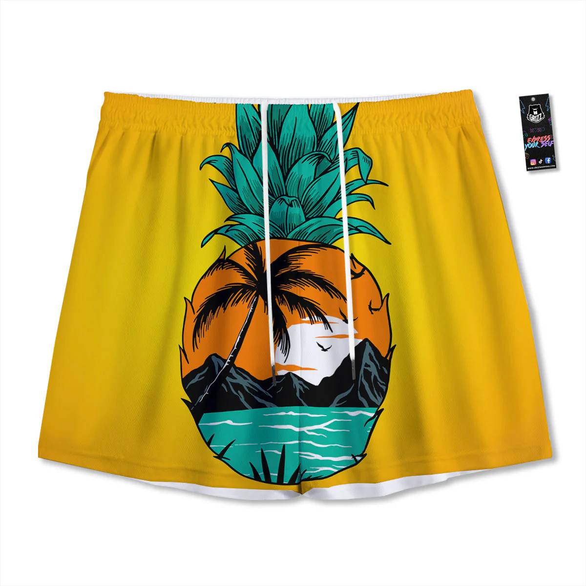 Yellow Pineapple Aloha Tropical Island Print Mesh Shorts