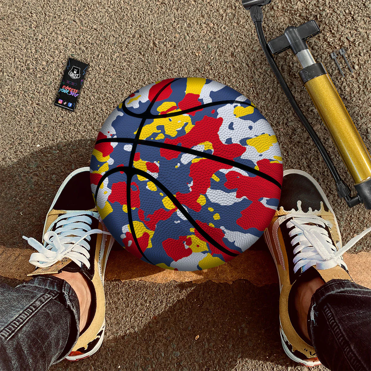 Yellow Red And Blue Camouflage Print Basketball - Image 2